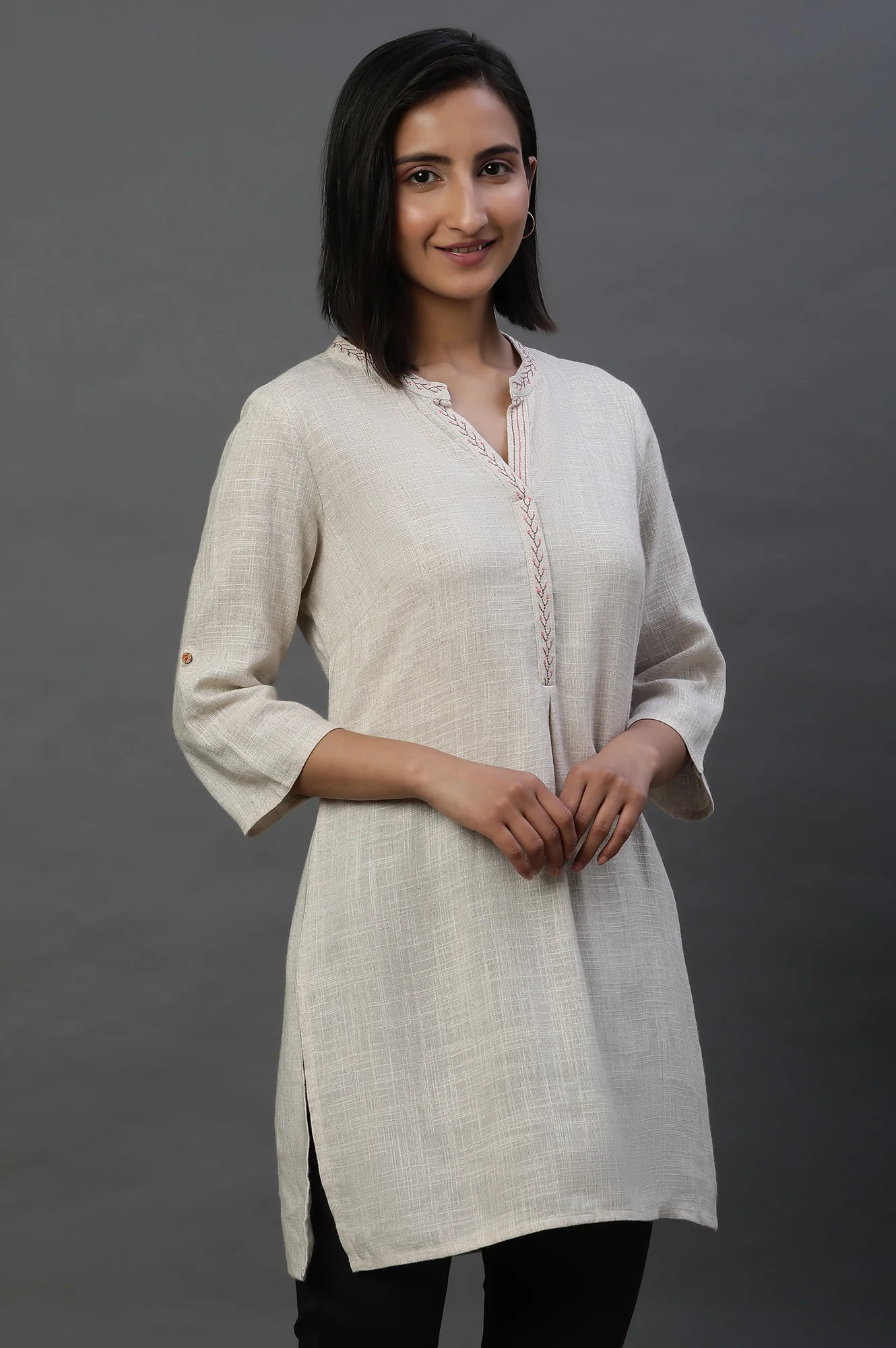 Beige Sequined Short Fusion Kurti - Image 4