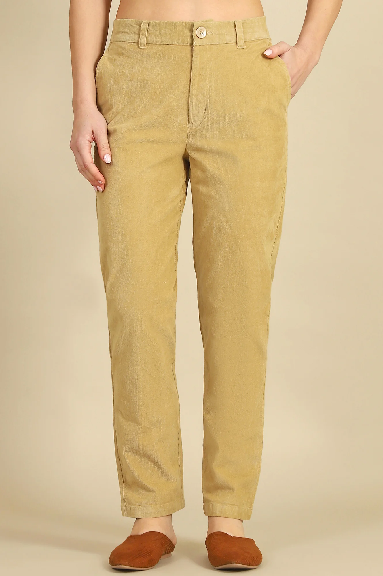 Beige Solid Straight Fit Cotton Pants with YKK Zipper - Image 2