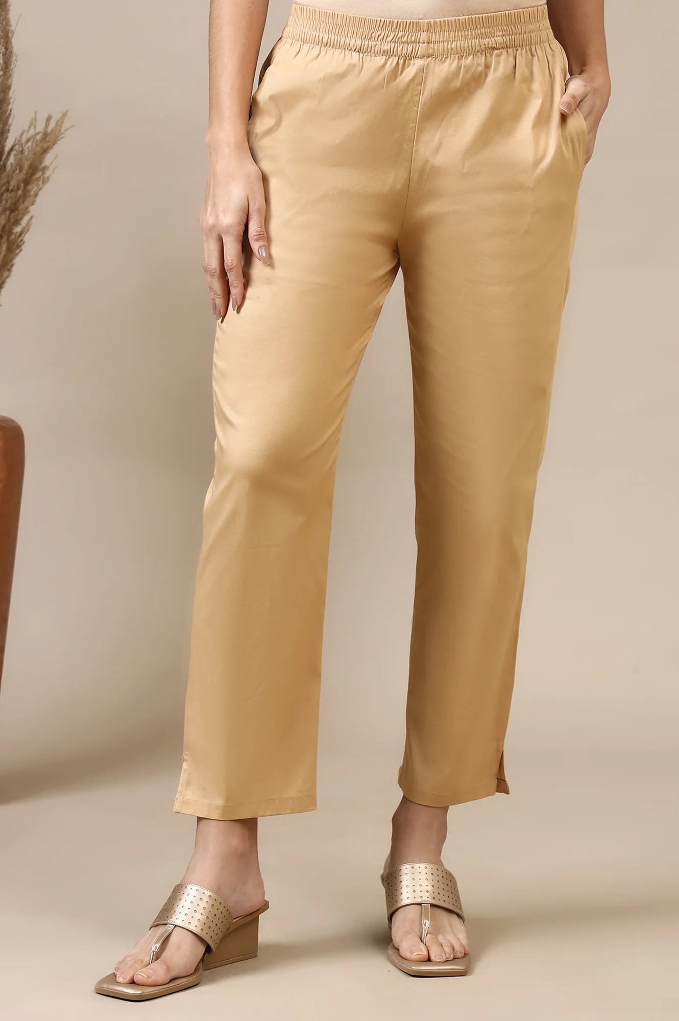 Beige Solid Cotton Lycra Trousers - Image 4
