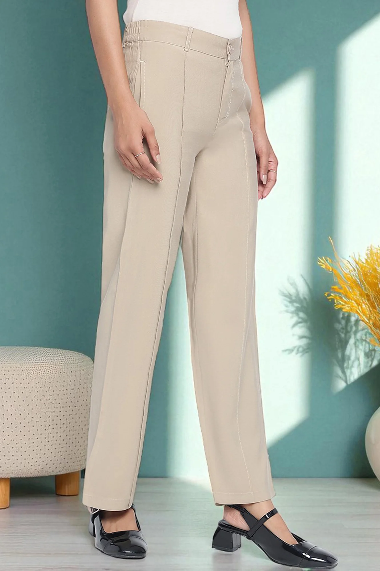 Beige Solid Korea Rayon Twill Pants In Ankle Length with YKK Zipper - Image 3