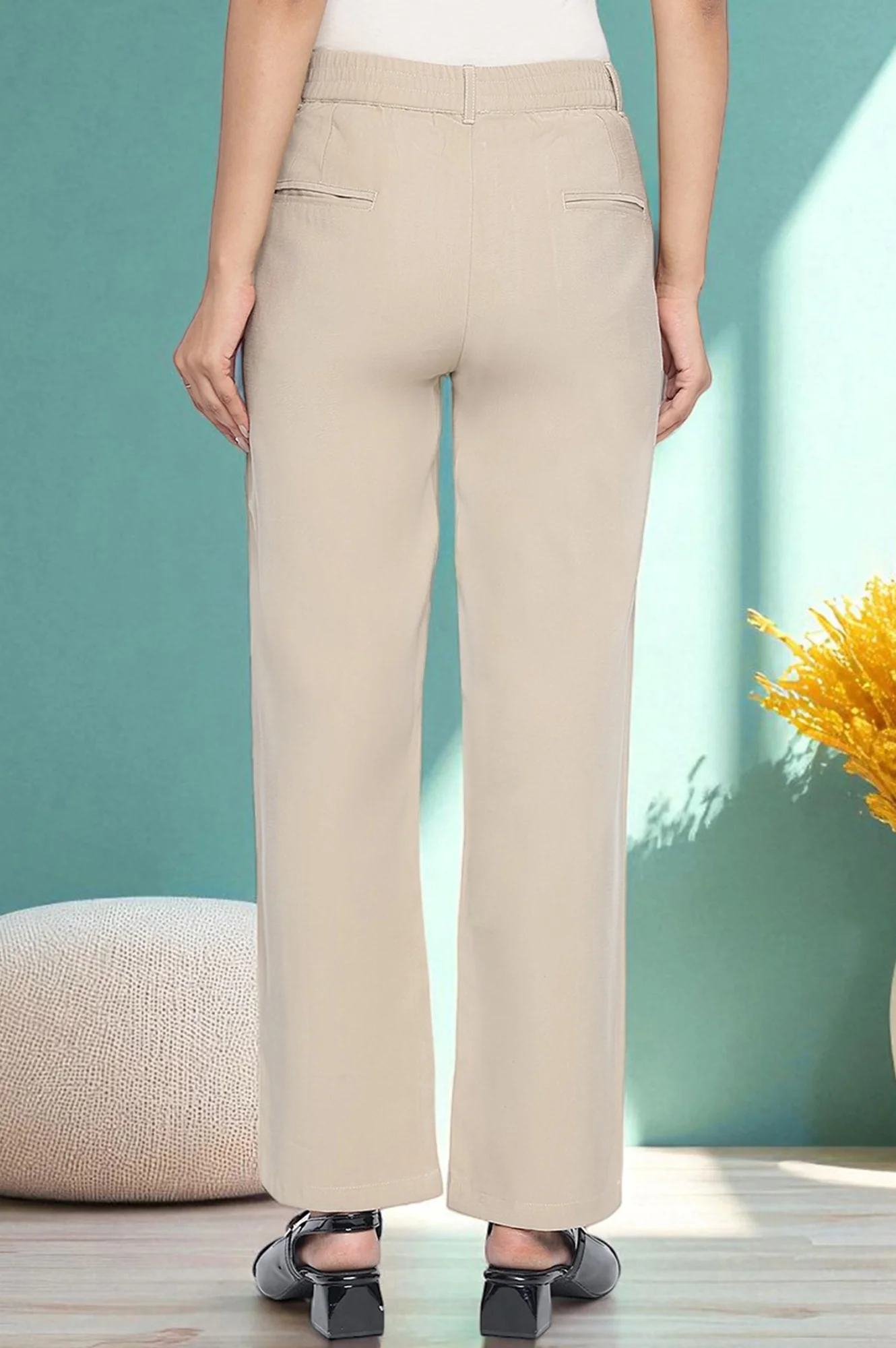Beige Solid Korea Rayon Twill Pants In Ankle Length with YKK Zipper - Image 4