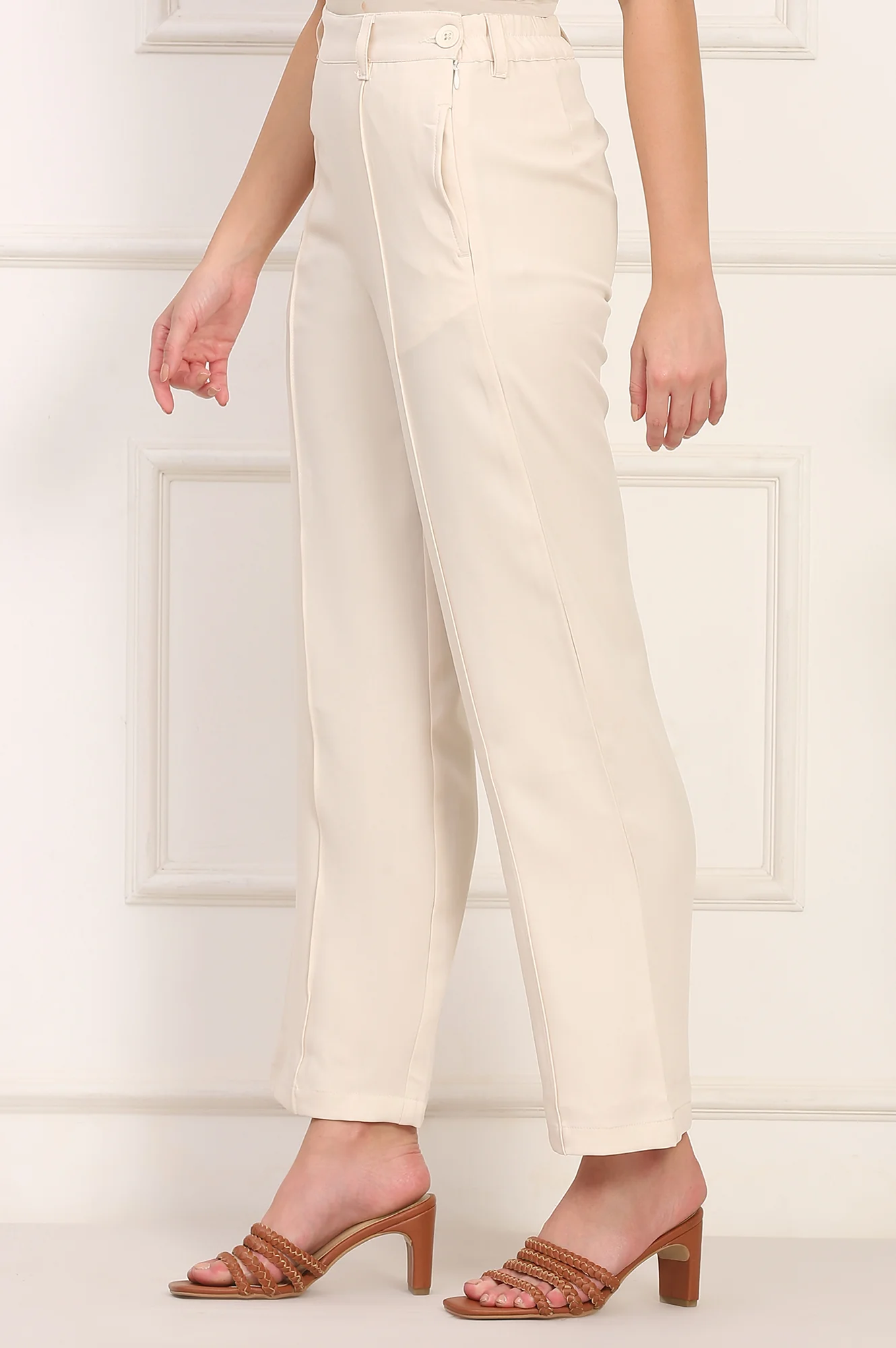 Beige Solid Straight Woven Pant Pant with YKK Zipper - Image 2