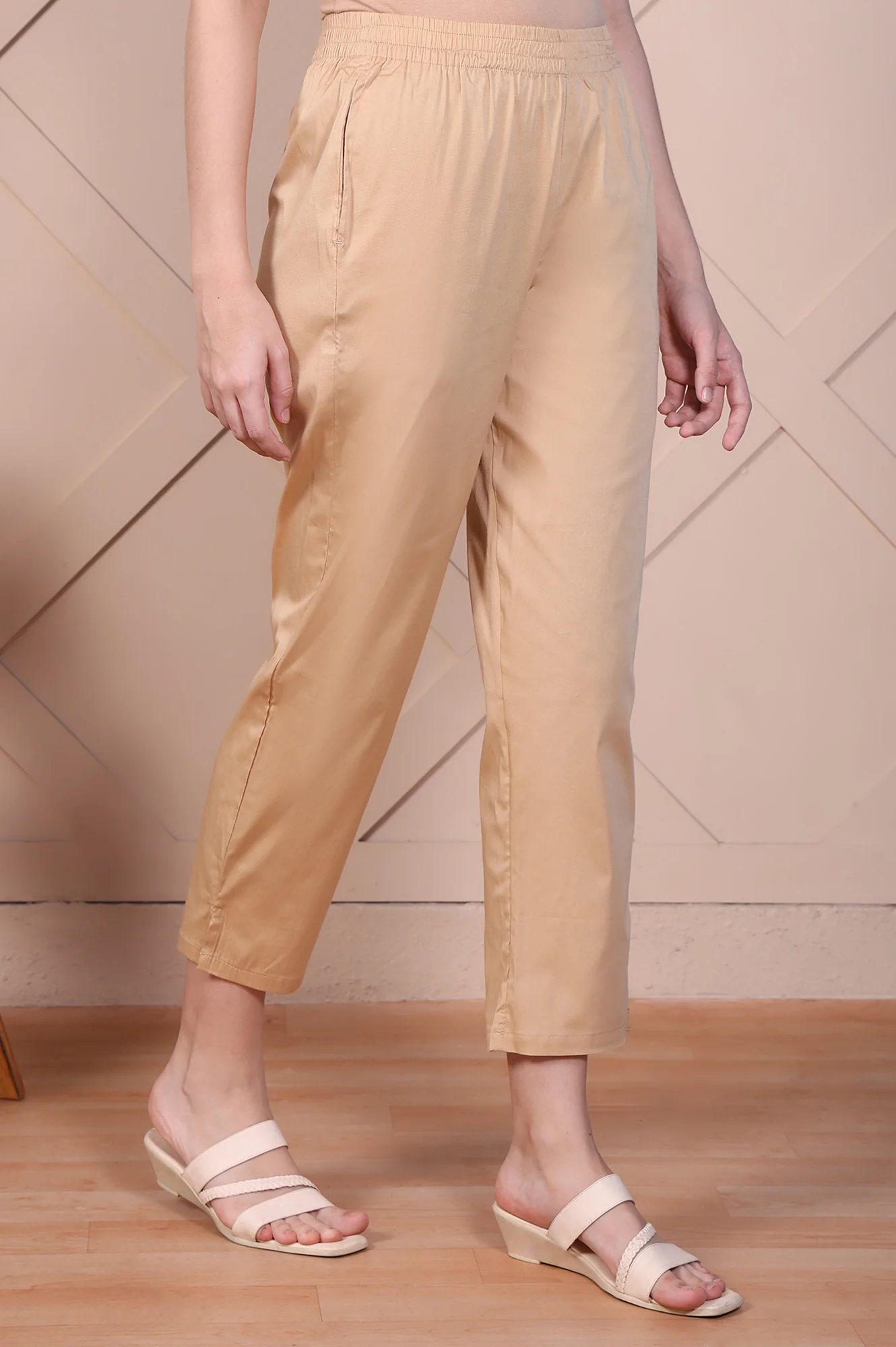 Beige Straight Fit Cotton Blend Slim Pants - Image 3