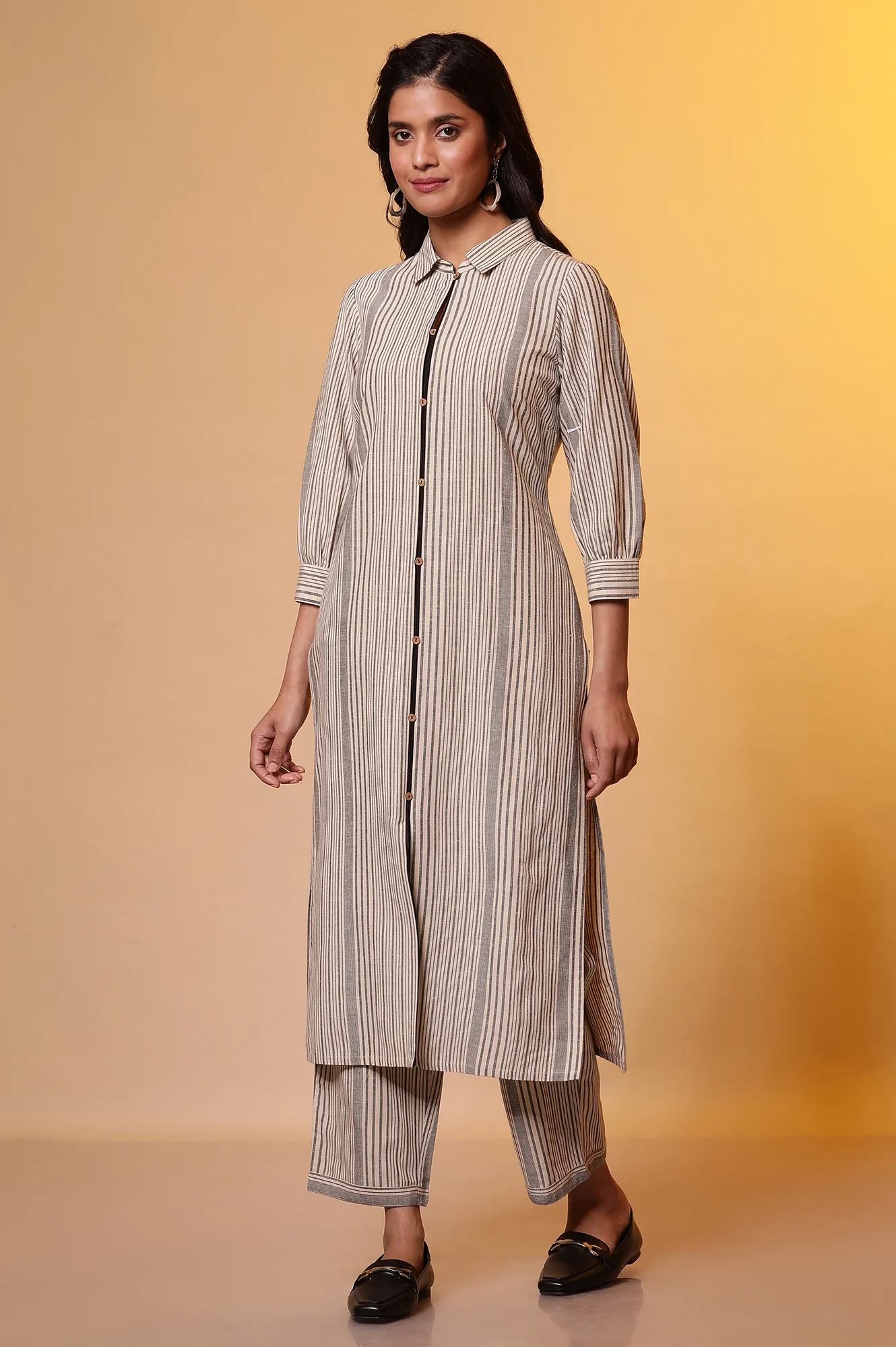 Beige Stripe Shirt Collar Kurta and Palazzo Set - Image 3