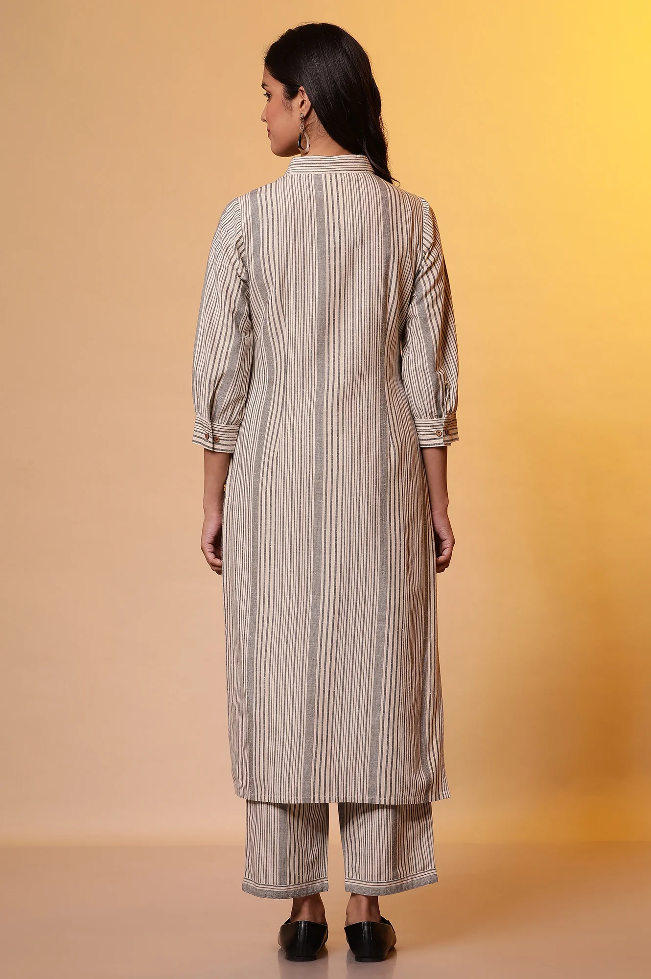 Beige Stripe Shirt Collar Kurta and Palazzo Set - Image 4