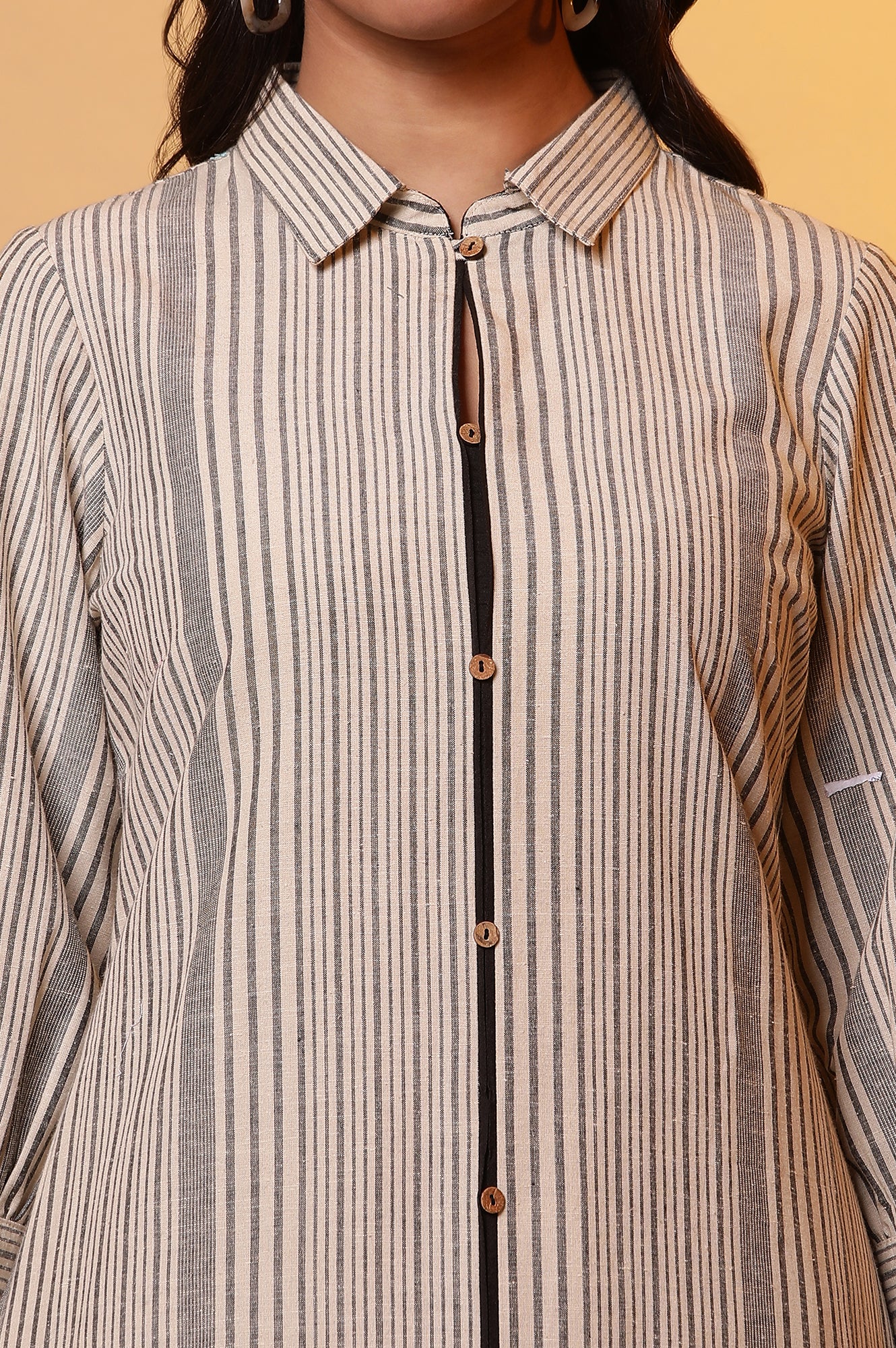 Beige Stripe Shirt Collar Kurta and Palazzo Set - Image 6