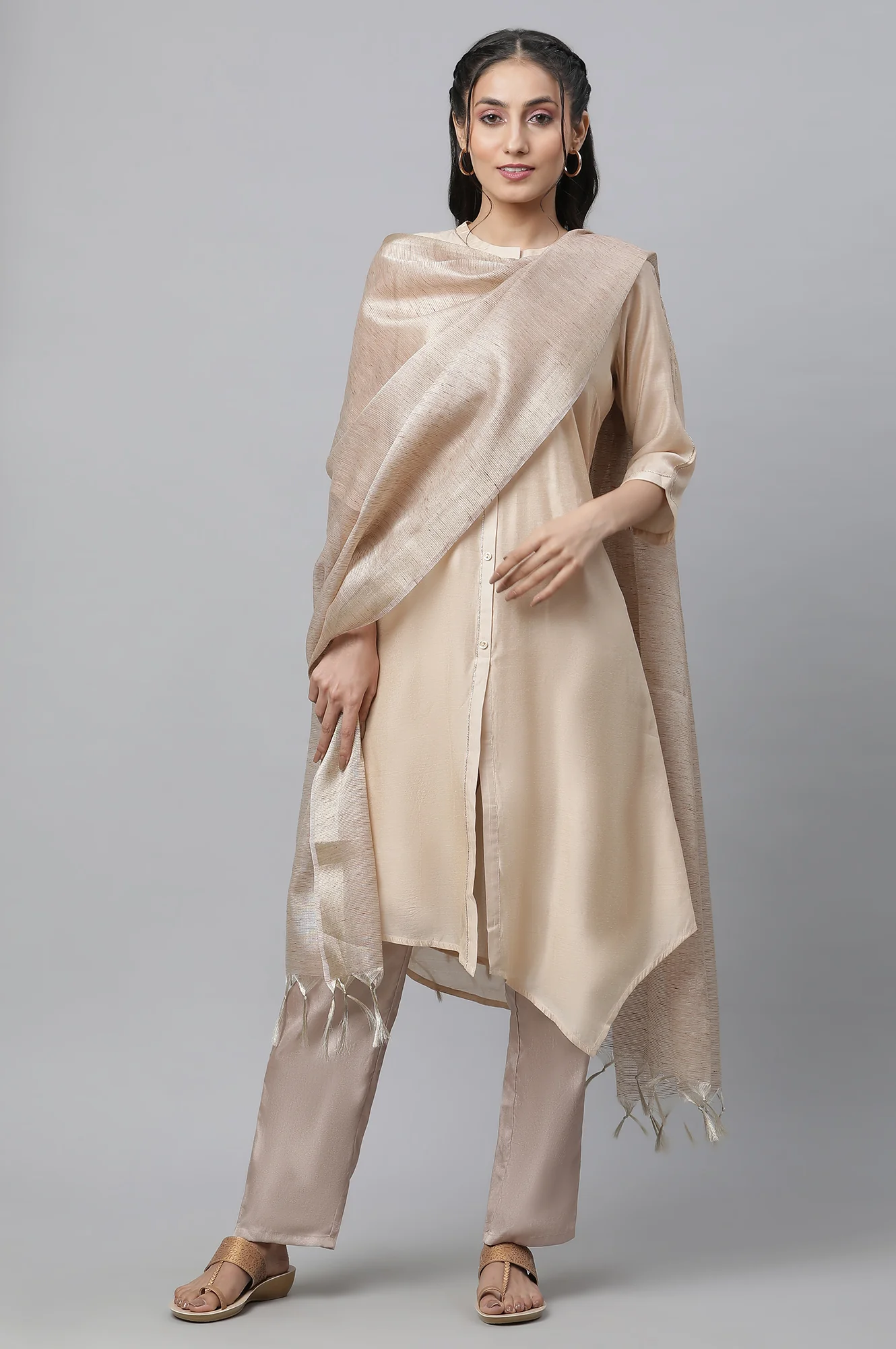 Beige Striped Banarasi Dupatta - Image 3