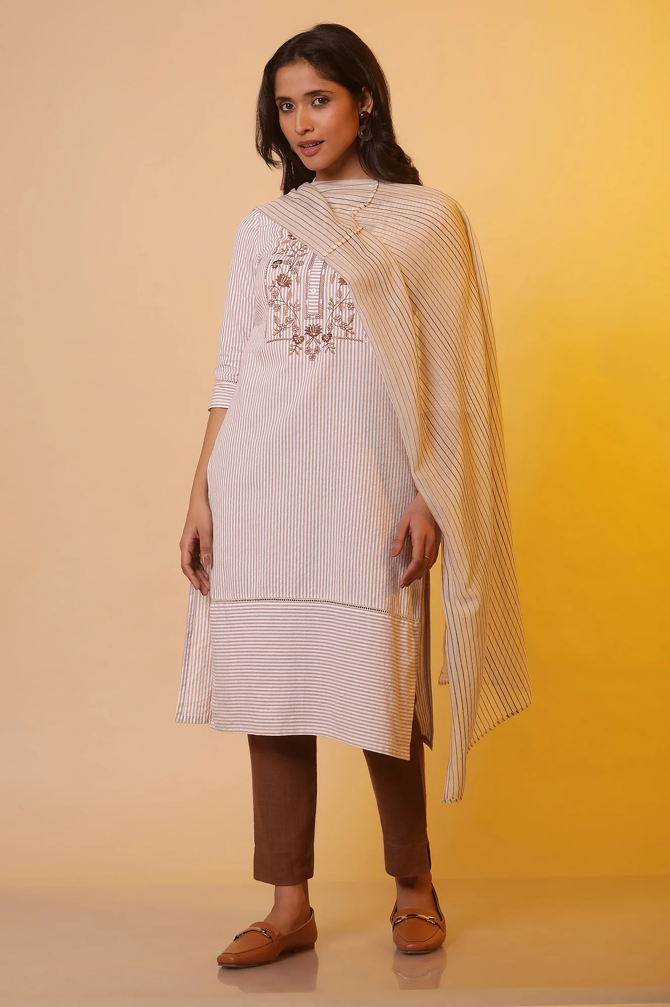 Beige Striped Cotton Dupatta - Image 2