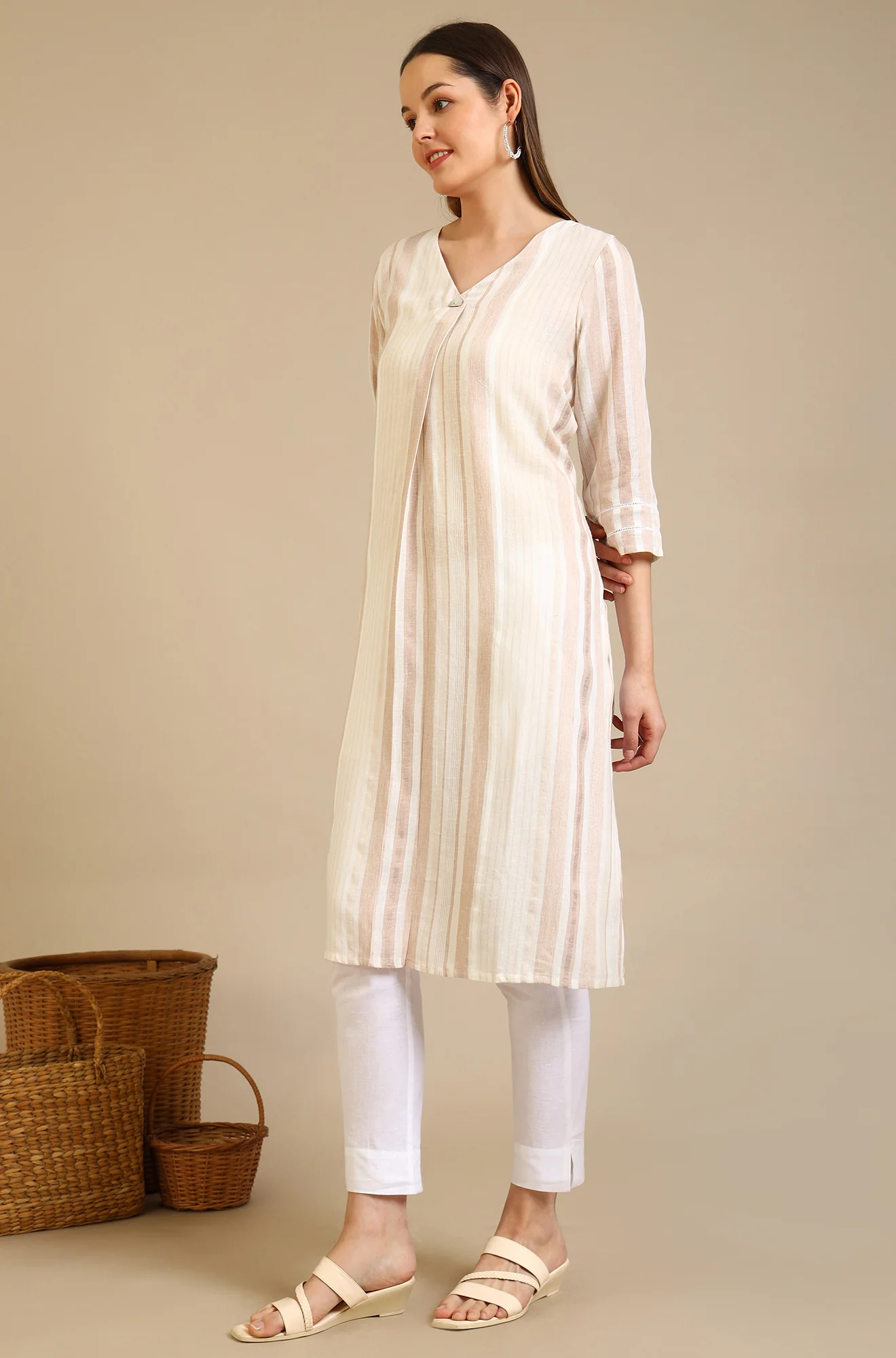Beige Striped Rayon Flax Straight Kurta - Image 5