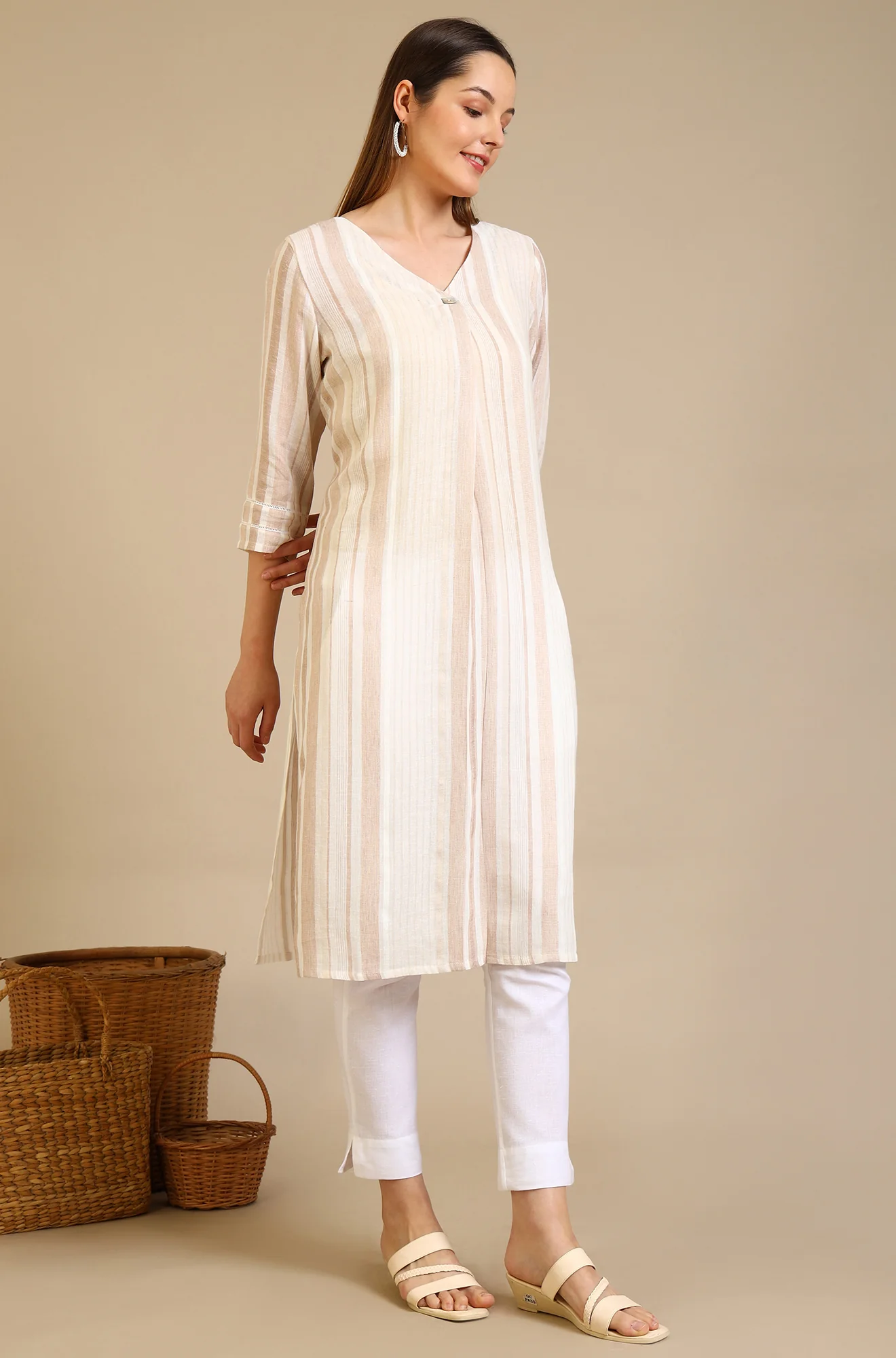 Beige Striped Rayon Flax Straight Kurta - Image 7