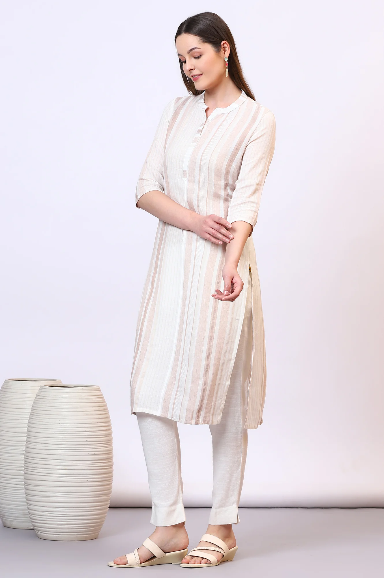 Beige Striped Rayon Flax Straight Kurta - Image 5