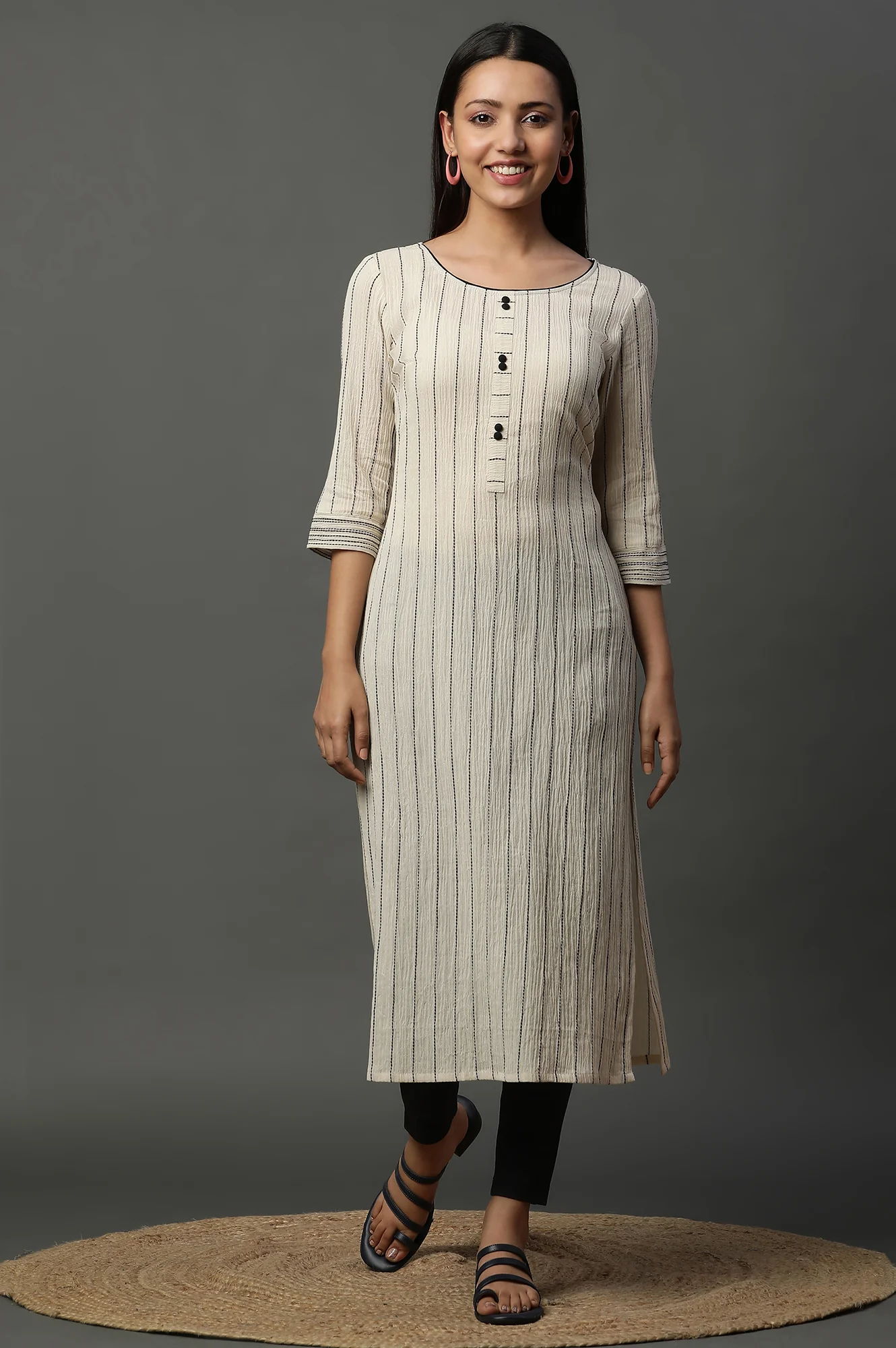 Beige Striped Yarn-Dyed Crinkle Kurta