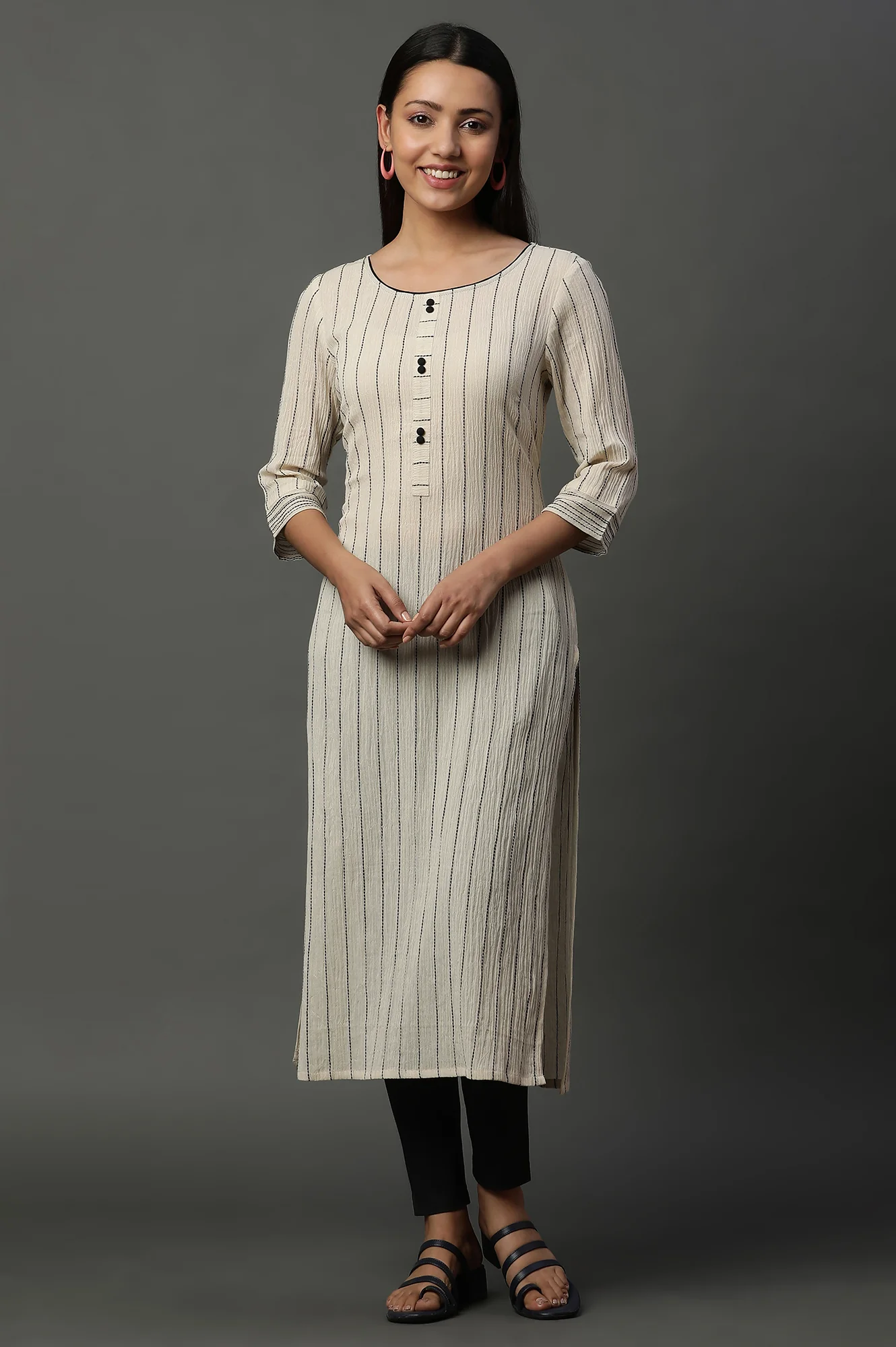 Beige Striped Yarn-Dyed Crinkle Kurta - Image 2