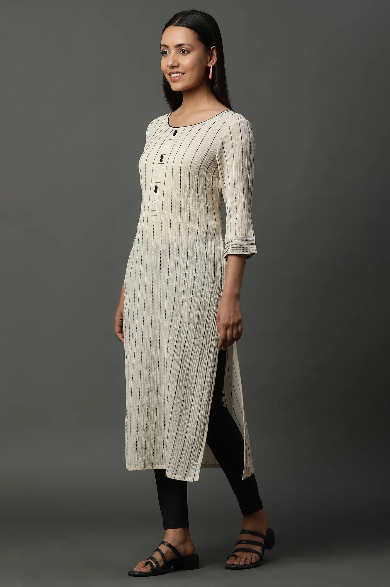 Beige Striped Yarn-Dyed Crinkle Kurta - Image 3