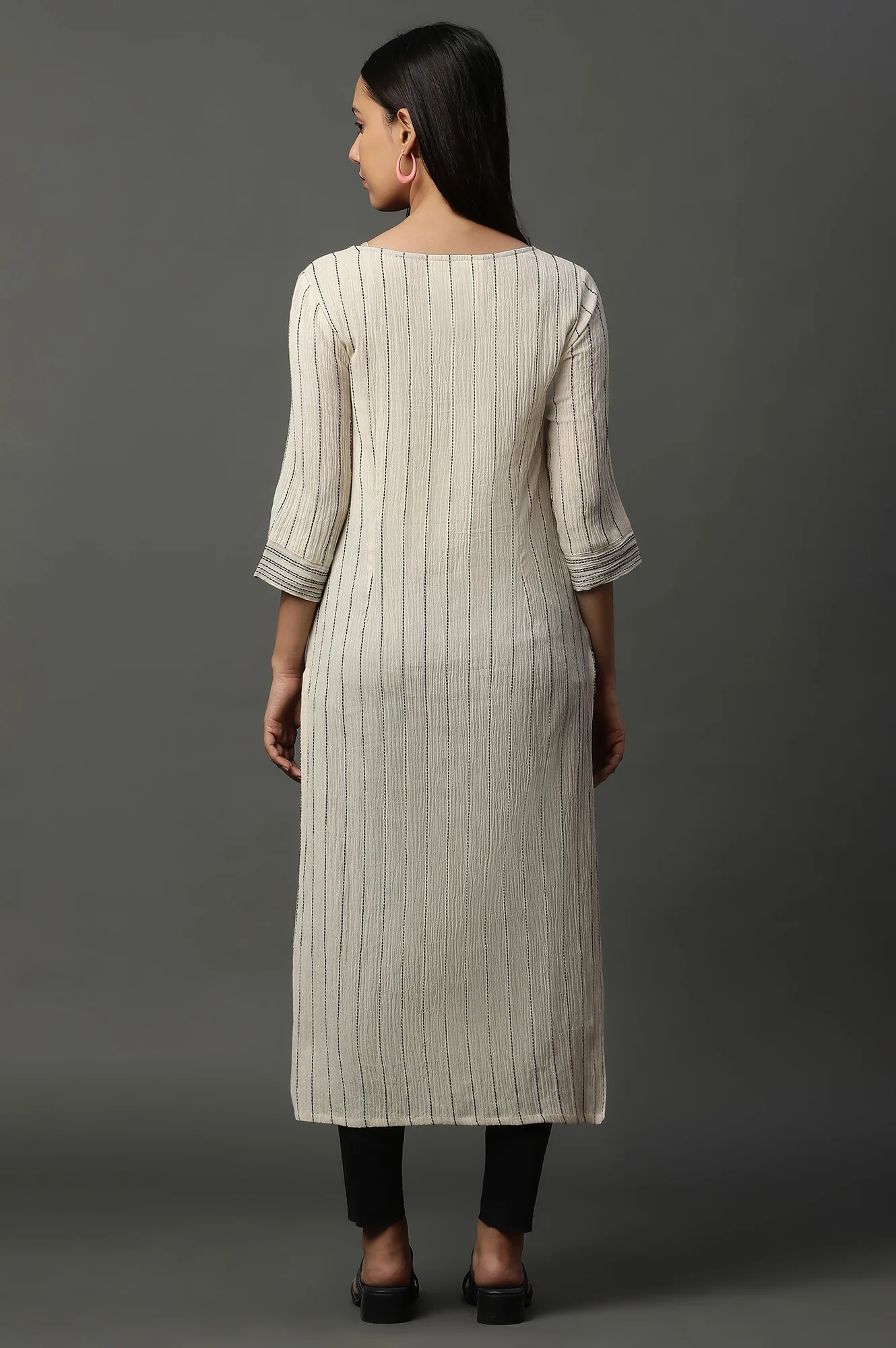 Beige Striped Yarn-Dyed Crinkle Kurta - Image 4