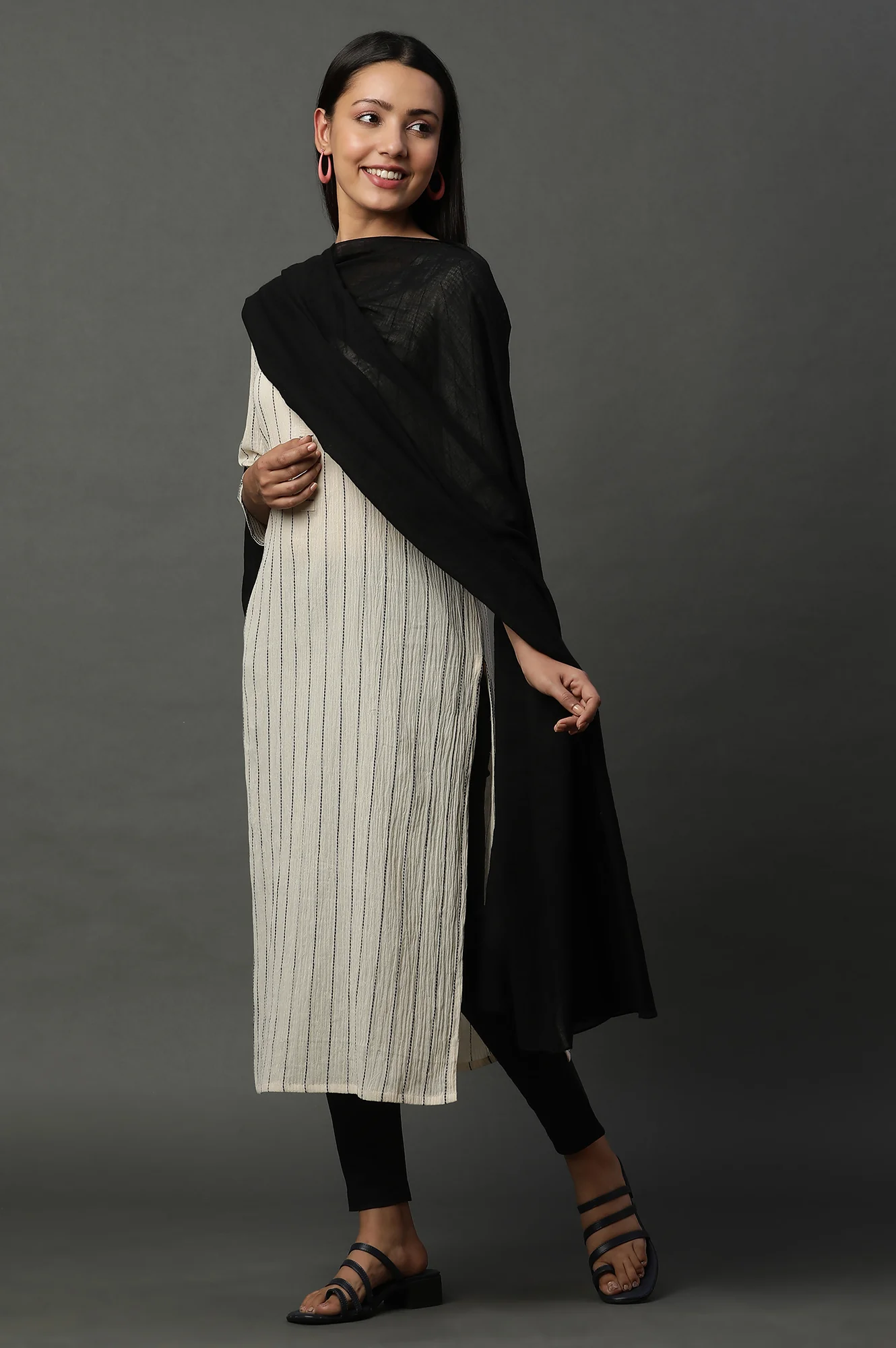 Beige Striped Yarn-Dyed Crinkle Kurta - Image 6