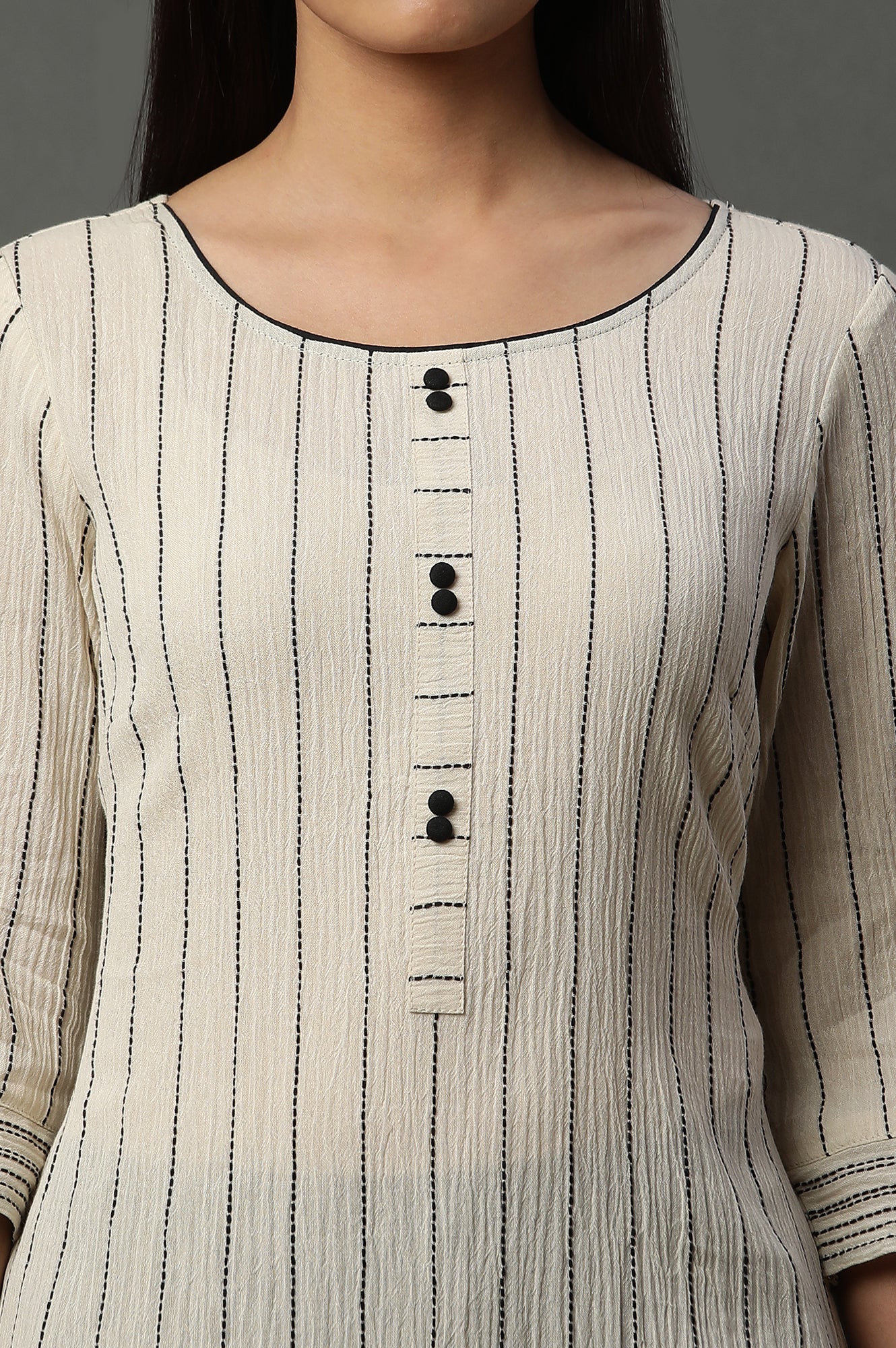 Beige Striped Yarn-Dyed Crinkle Kurta - Image 7