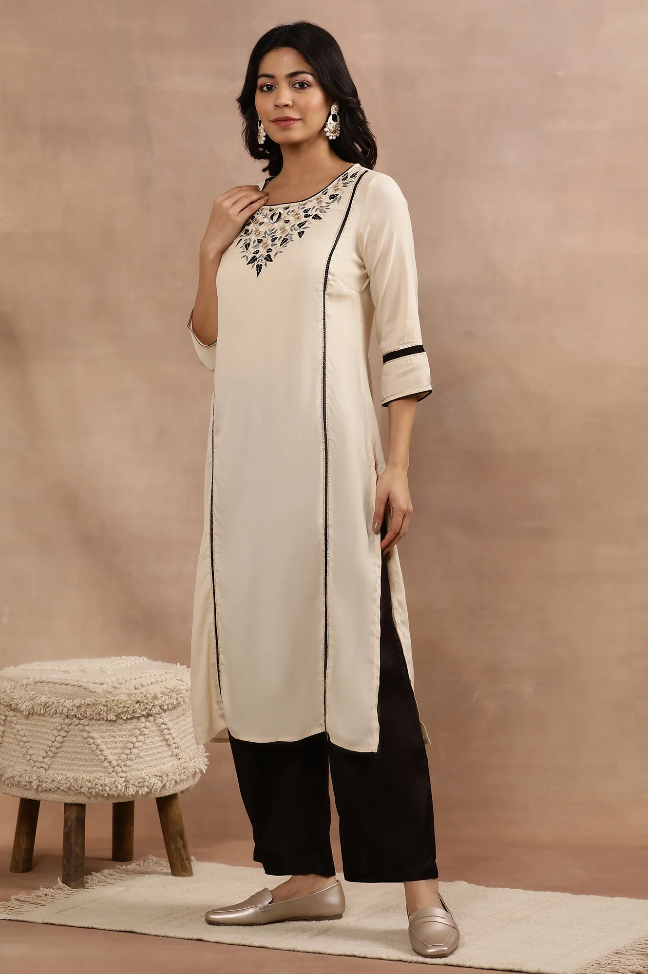 Beige Thread Embroidered Kurta and Palazzo Set - Image 4