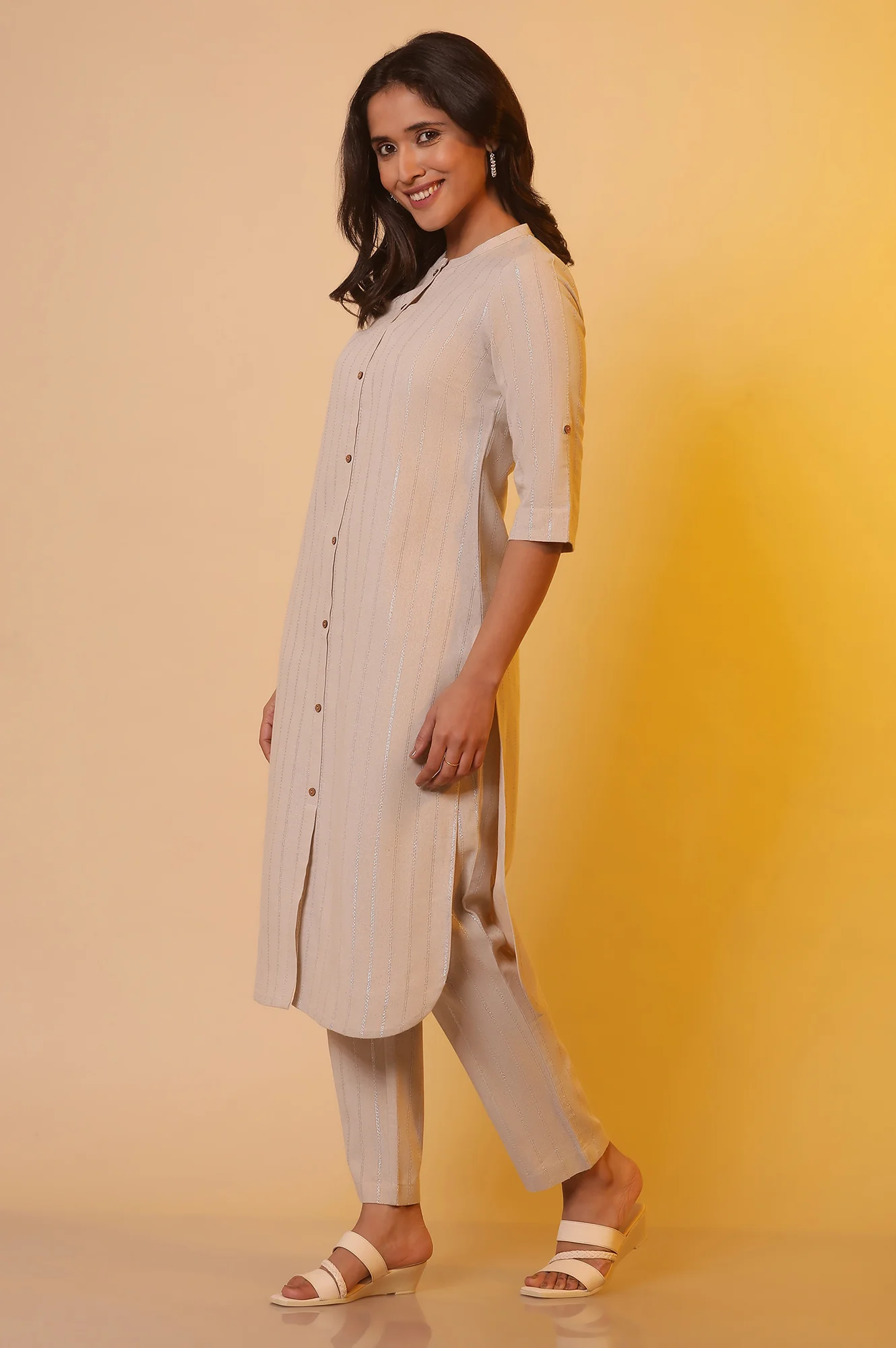 Beige with Lurex Stripes Kurta and Palazzo Co-ord Set - Image 3