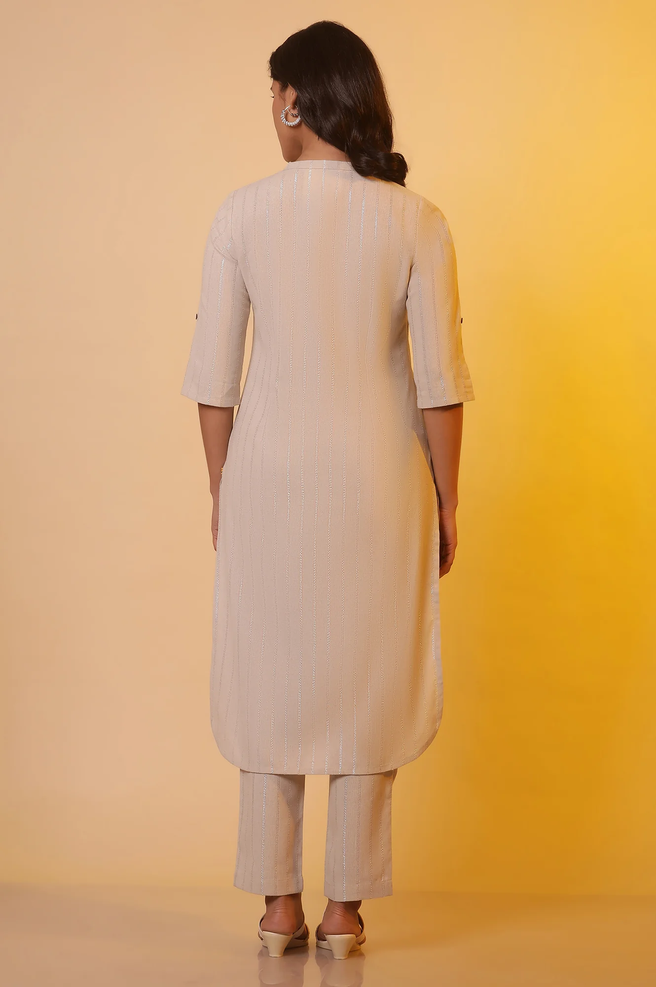 Beige with Lurex Stripes Kurta and Palazzo Co-ord Set - Image 4