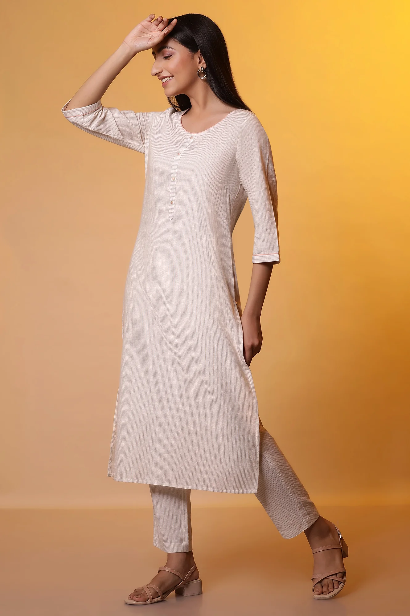 Beige Yarn-Dyed Checkered Kurta and Palazzo Set - Image 4