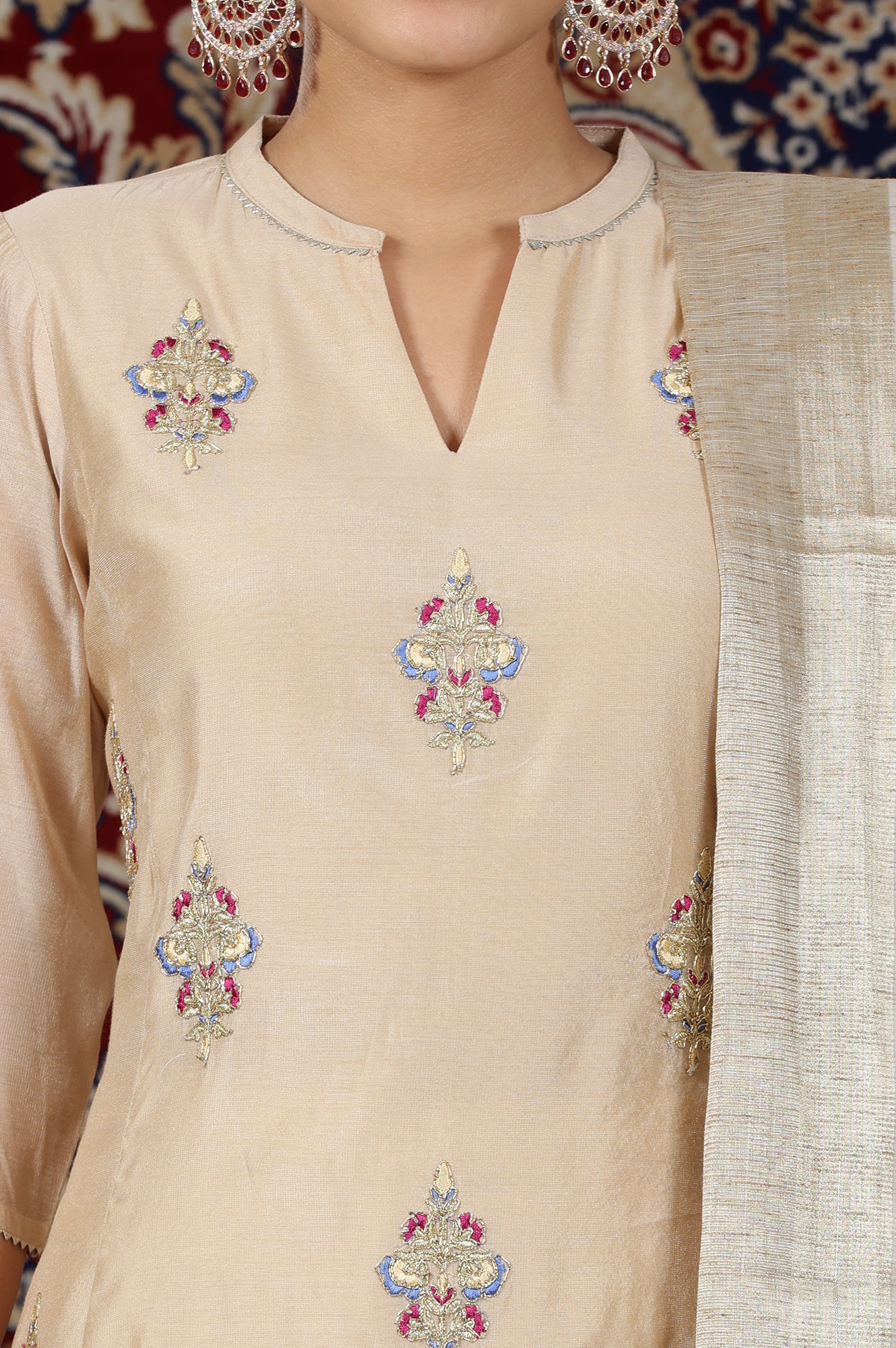 Beige Yarn Dyed Dori Embroidered Anarkali Kurta, Palazzo and Dupatta Set - Image 3