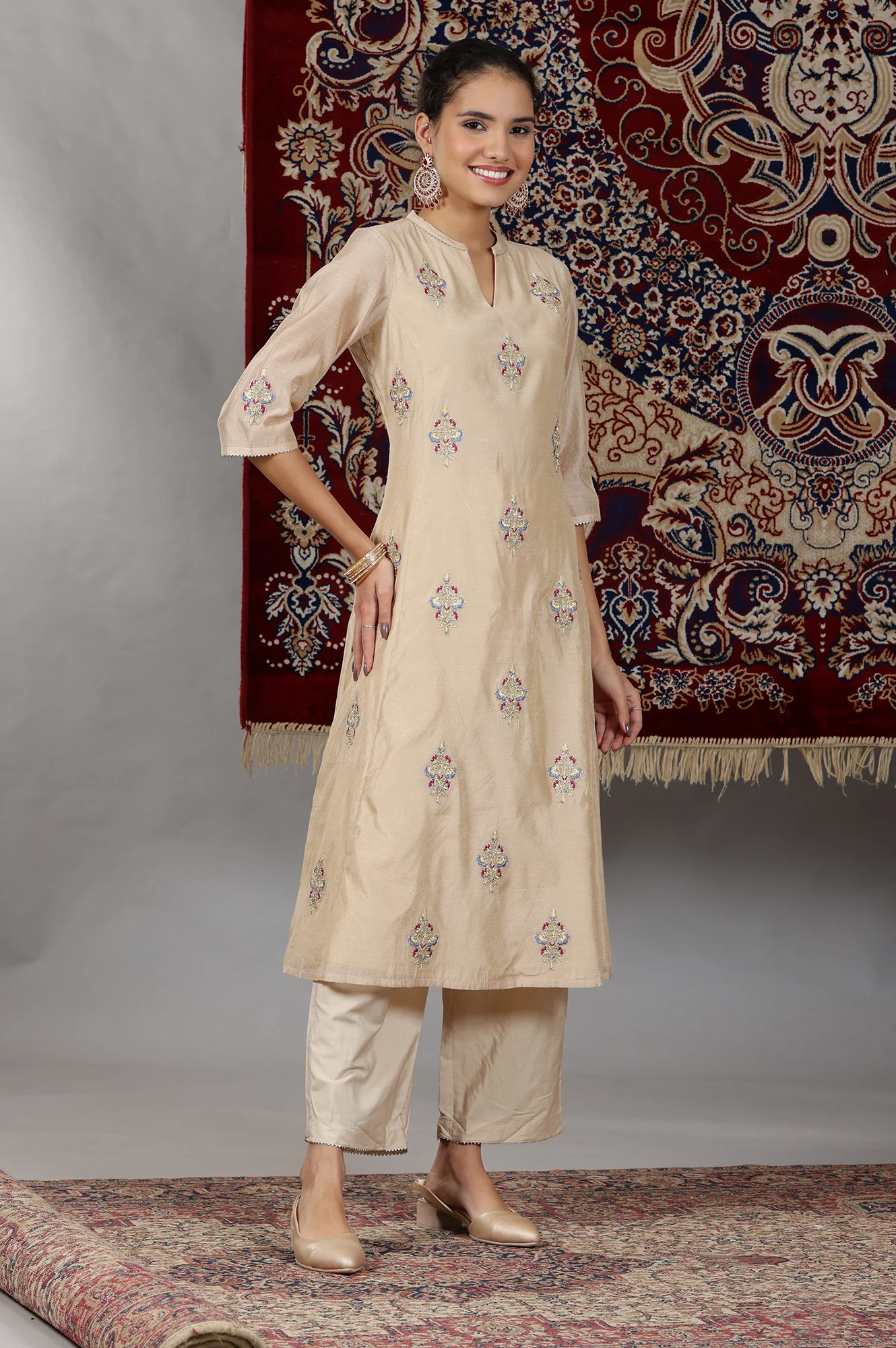 Beige Yarn Dyed Dori Embroidered Anarkali Kurta, Palazzo and Dupatta Set - Image 4