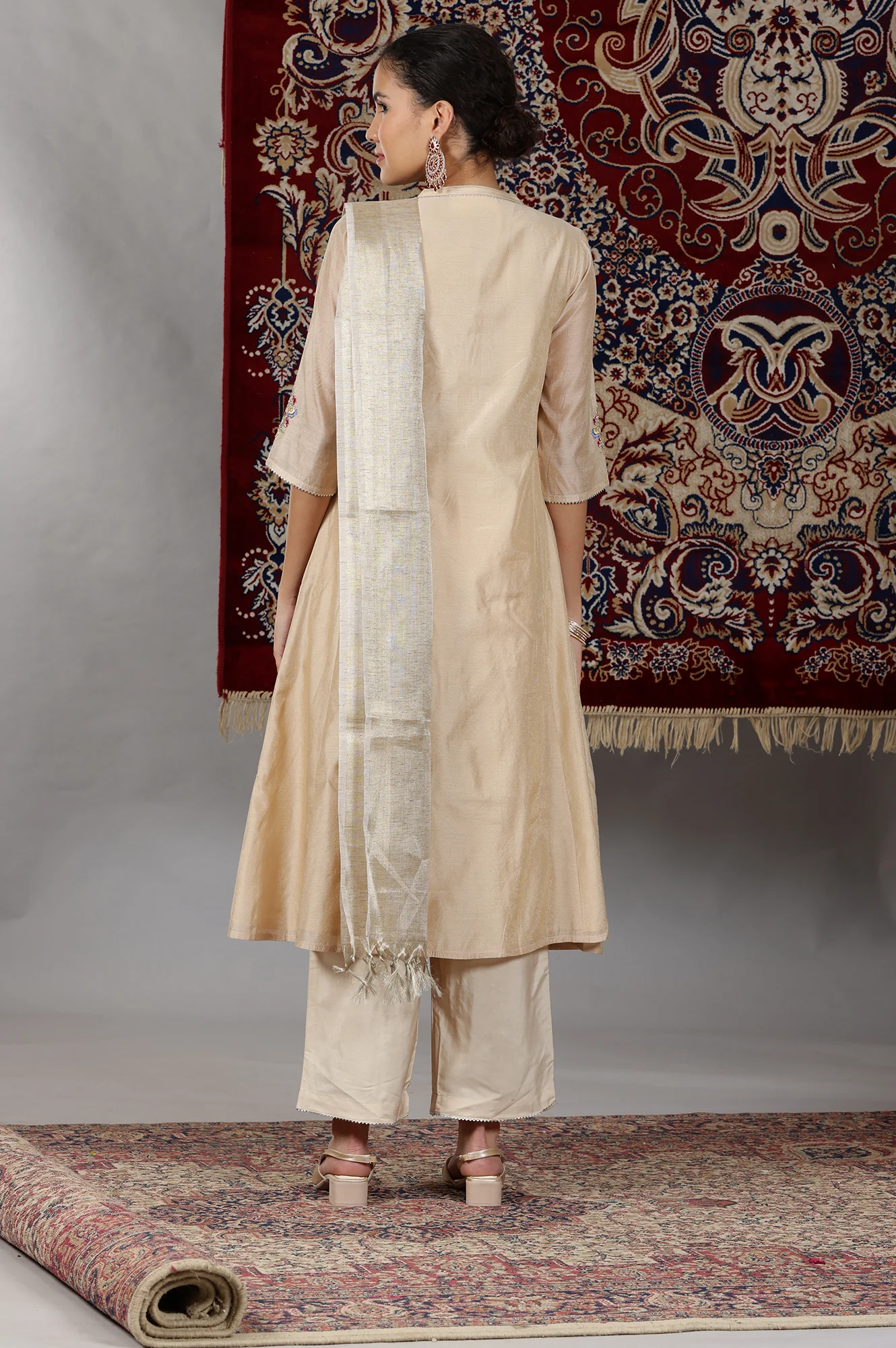 Beige Yarn Dyed Dori Embroidered Anarkali Kurta, Palazzo and Dupatta Set - Image 5