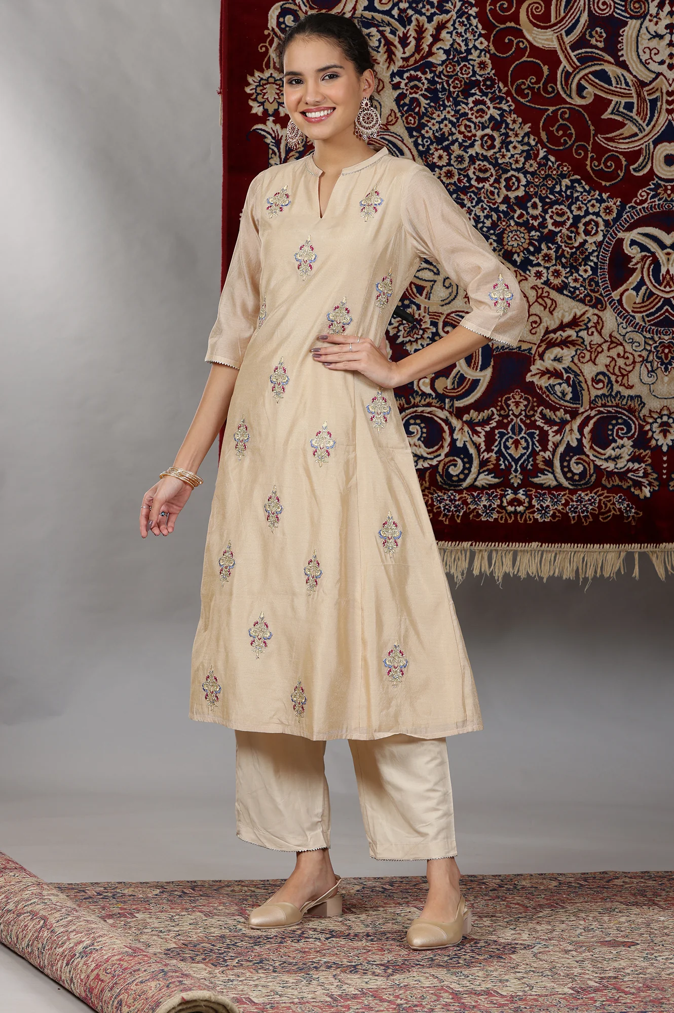 Beige Yarn Dyed Dori Embroidered Anarkali Kurta, Palazzo and Dupatta Set - Image 6