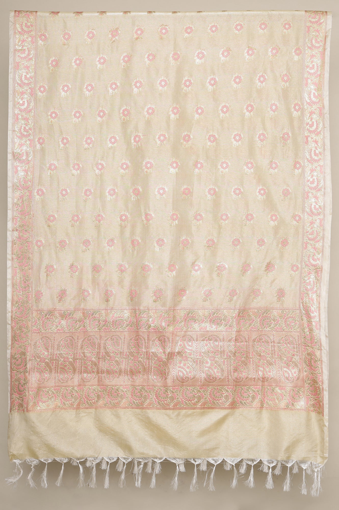 Beige Yarn Dyed Short Kurta with Lace, Embellished Palazzo and Jacquard Dupatta - Image 10