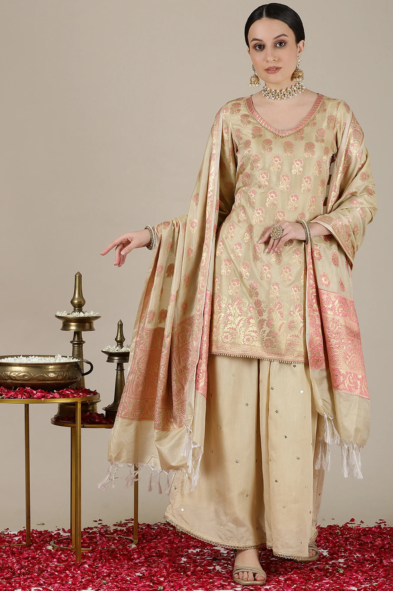 Beige Yarn Dyed Short Kurta with Lace, Embellished Palazzo and Jacquard Dupatta - Image 3