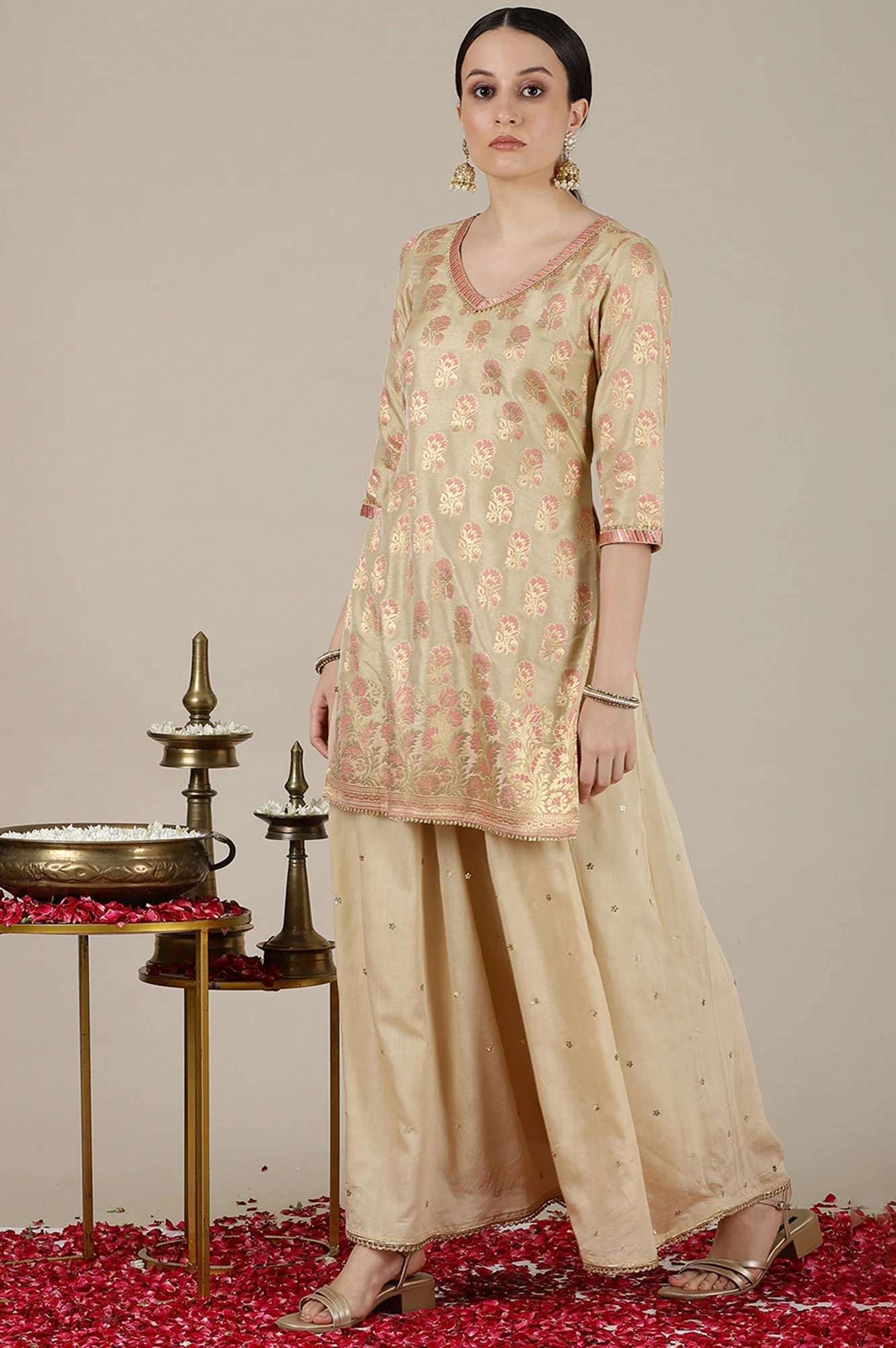 Beige Yarn Dyed Short Kurta with Lace, Embellished Palazzo and Jacquard Dupatta - Image 5