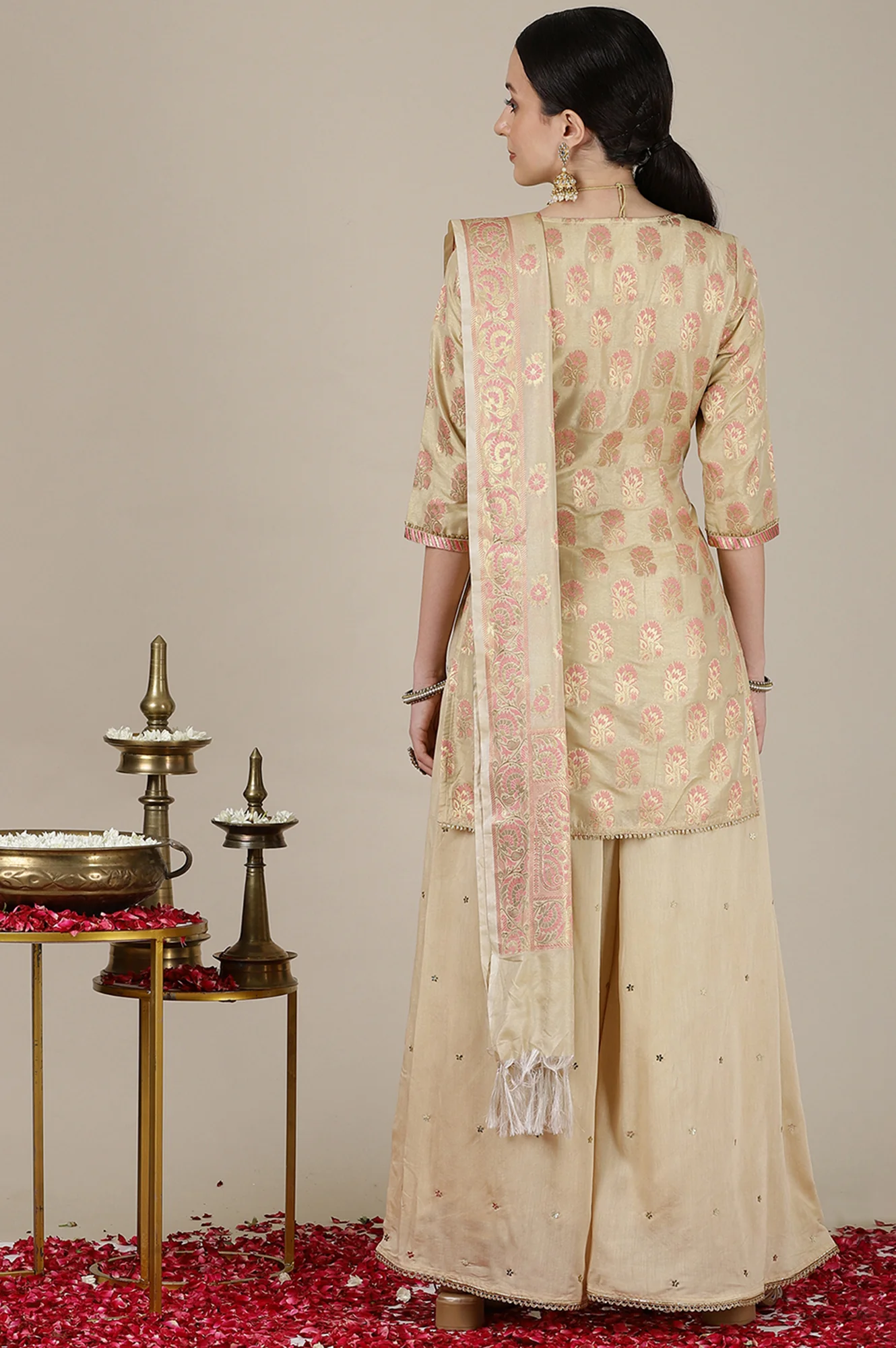 Beige Yarn Dyed Short Kurta with Lace, Embellished Palazzo and Jacquard Dupatta - Image 6