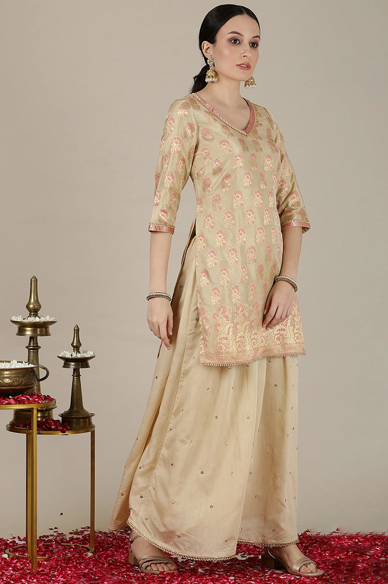 Beige Yarn Dyed Short Kurta with Lace, Embellished Palazzo and Jacquard Dupatta - Image 7