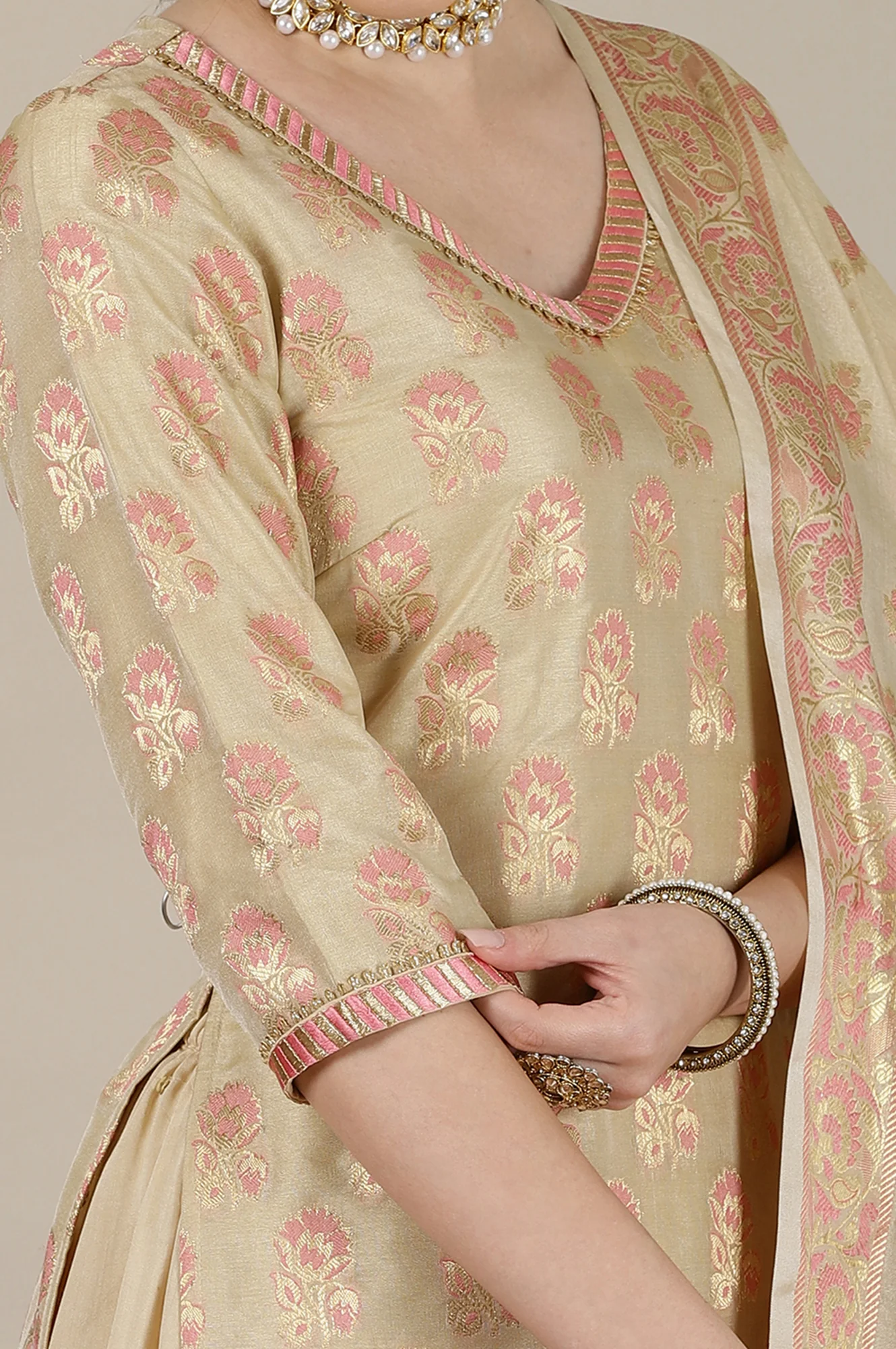 Beige Yarn Dyed Short Kurta with Lace, Embellished Palazzo and Jacquard Dupatta - Image 8
