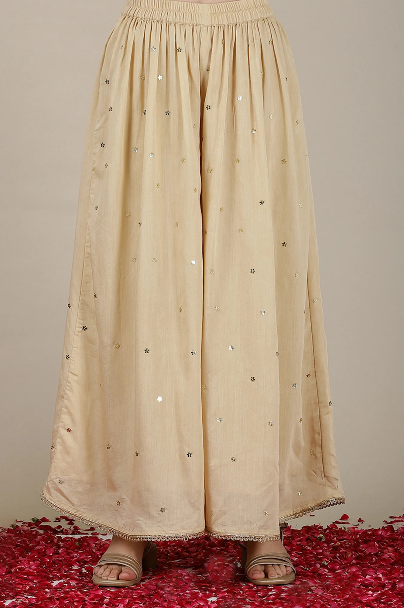 Beige Yarn Dyed Short Kurta with Lace, Embellished Palazzo and Jacquard Dupatta - Image 9