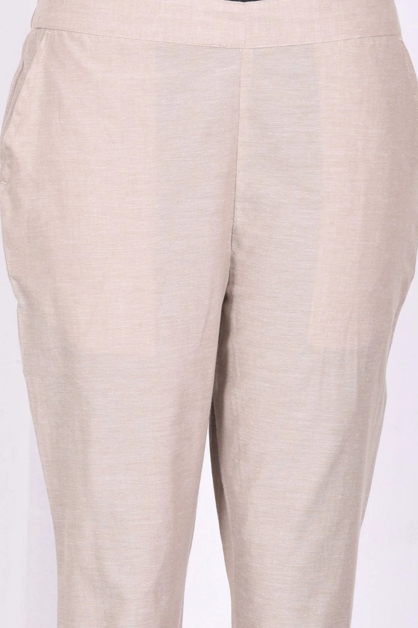 Beige Yarn Dyed Solid Pure Cotton Straight Fit Ankle Length Trousers - Image 3