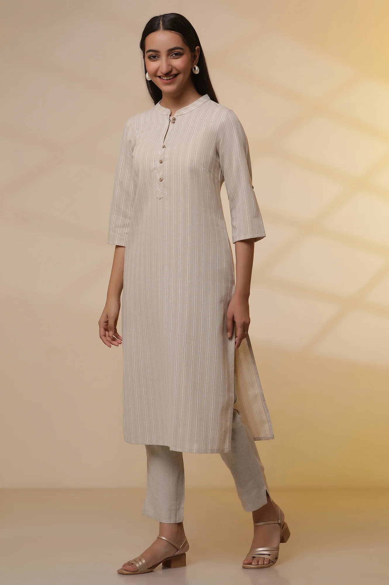 Beige Yarn-Dyed Straight Kurta, Trousers and Dupatta Set - Image 3