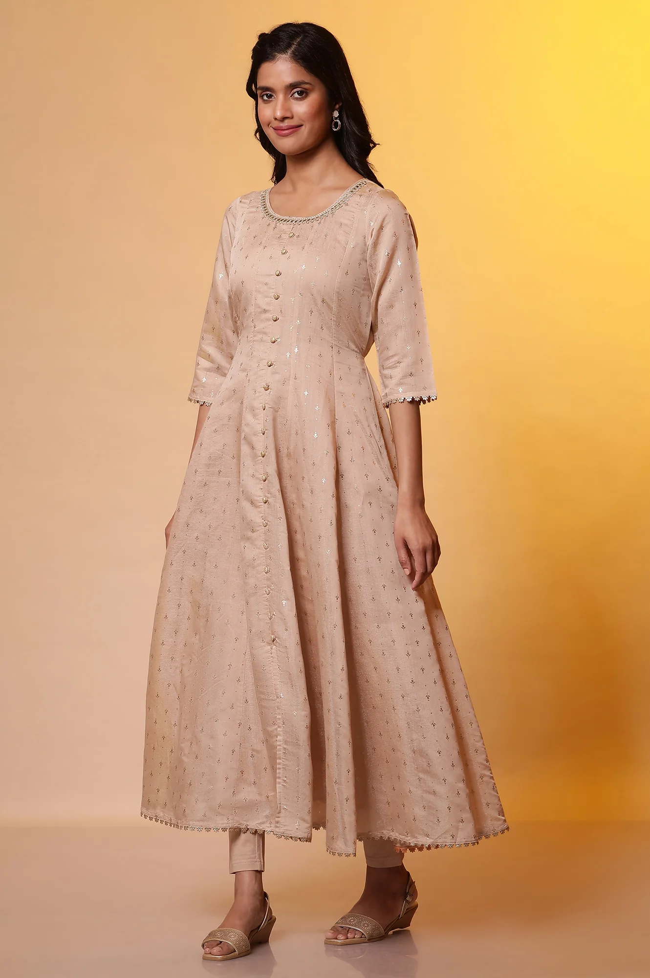 Biege Embellished Anarkali Kurta, Tights and Dupatta Set - Image 3