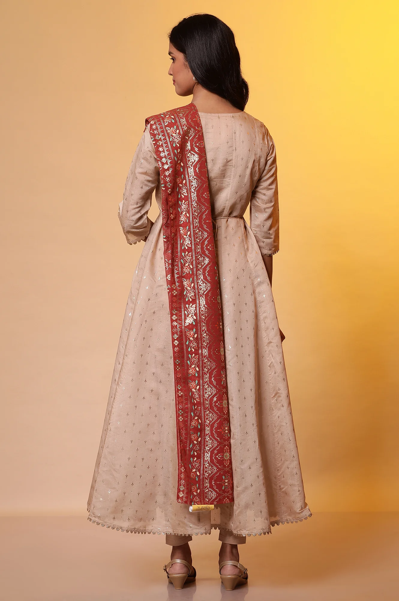 Biege Embellished Anarkali Kurta, Tights and Dupatta Set - Image 4