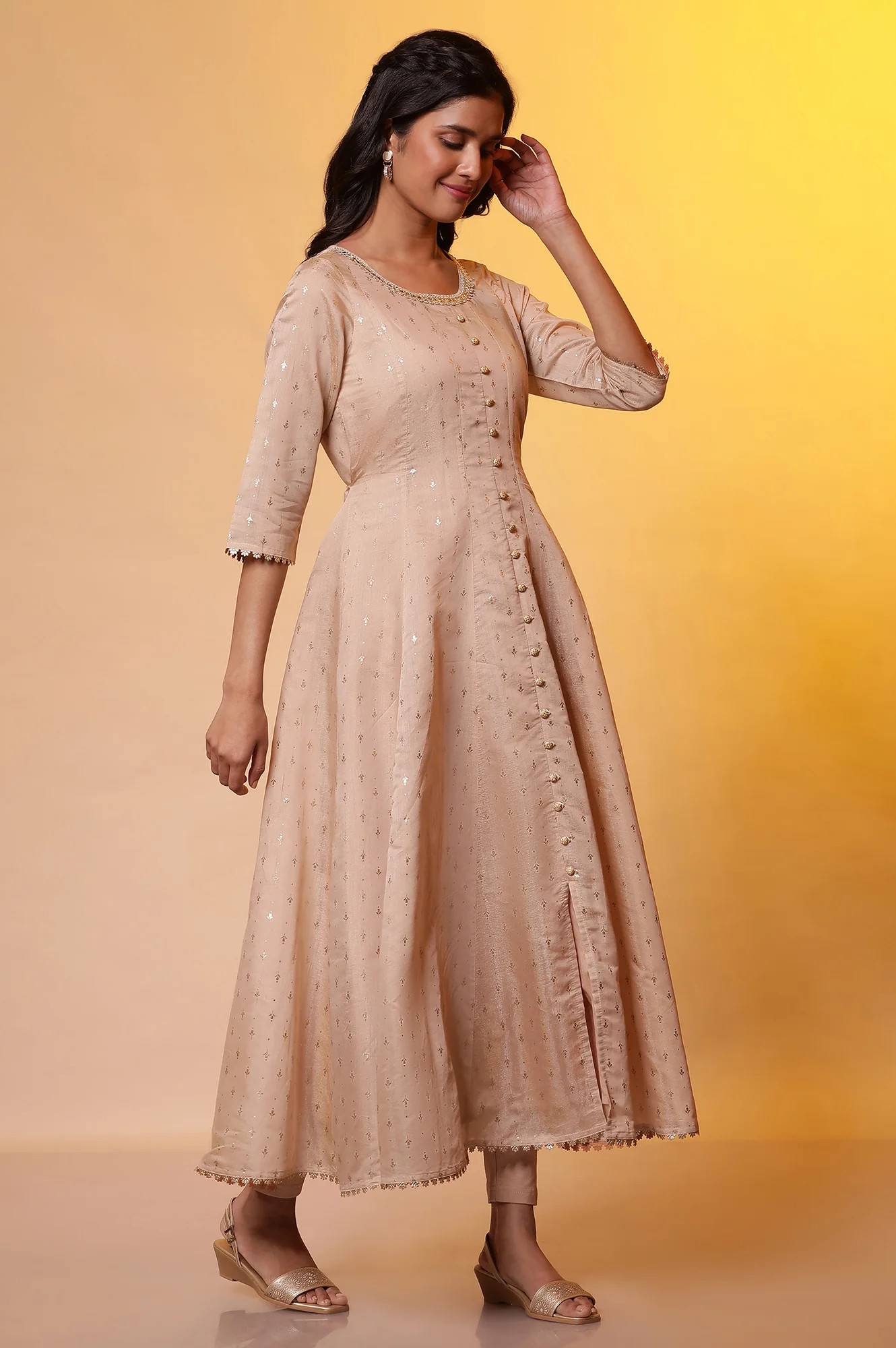 Biege Embellished Anarkali Kurta, Tights and Dupatta Set - Image 5