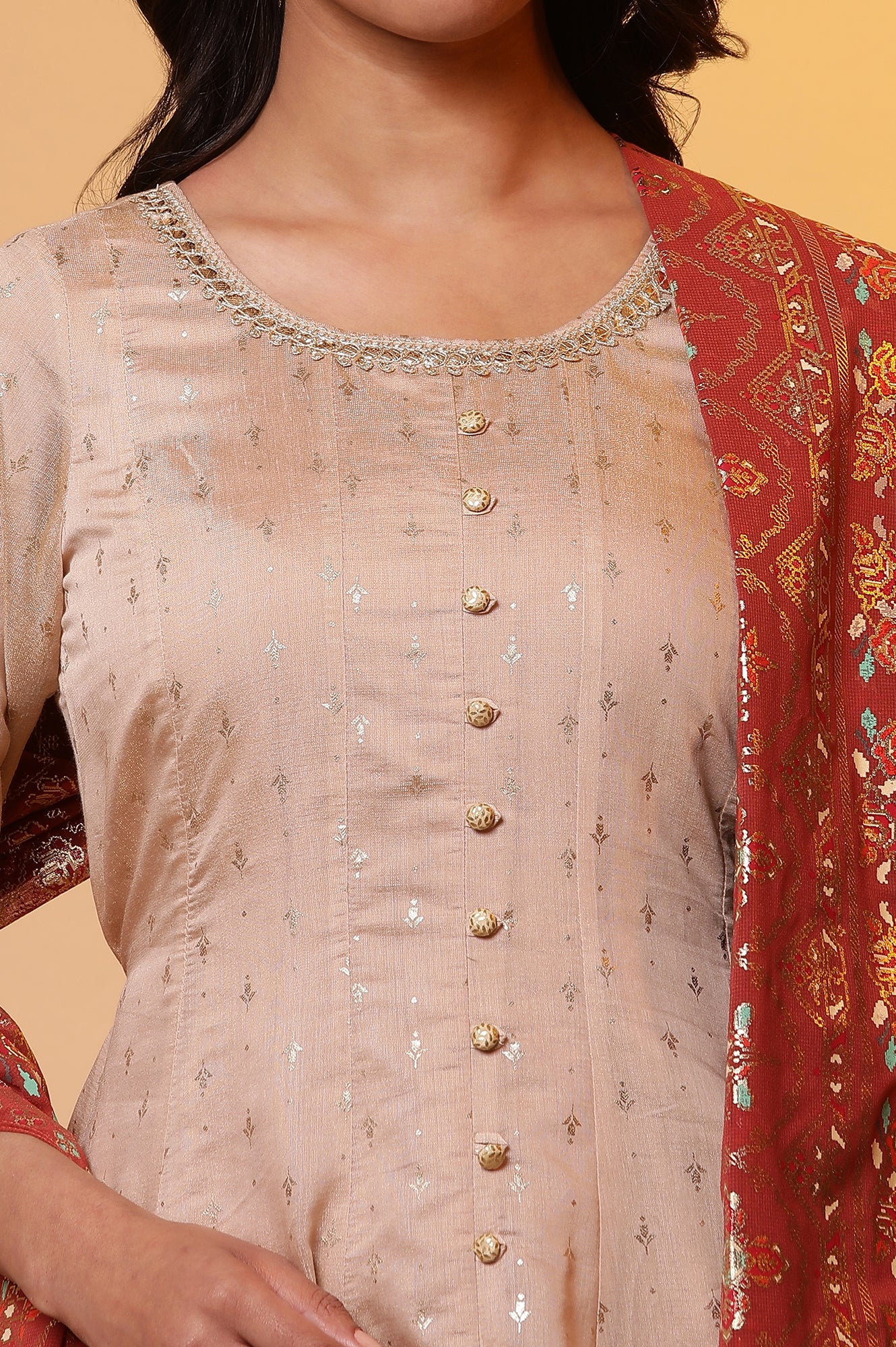 Biege Embellished Anarkali Kurta, Tights and Dupatta Set - Image 9