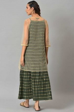 Biege Sequined Gillet with Strappy Green Printed Inner Dress - Image 2