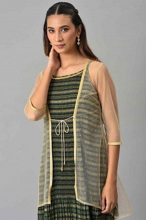 Biege Sequined Gillet with Strappy Green Printed Inner Dress - Image 5