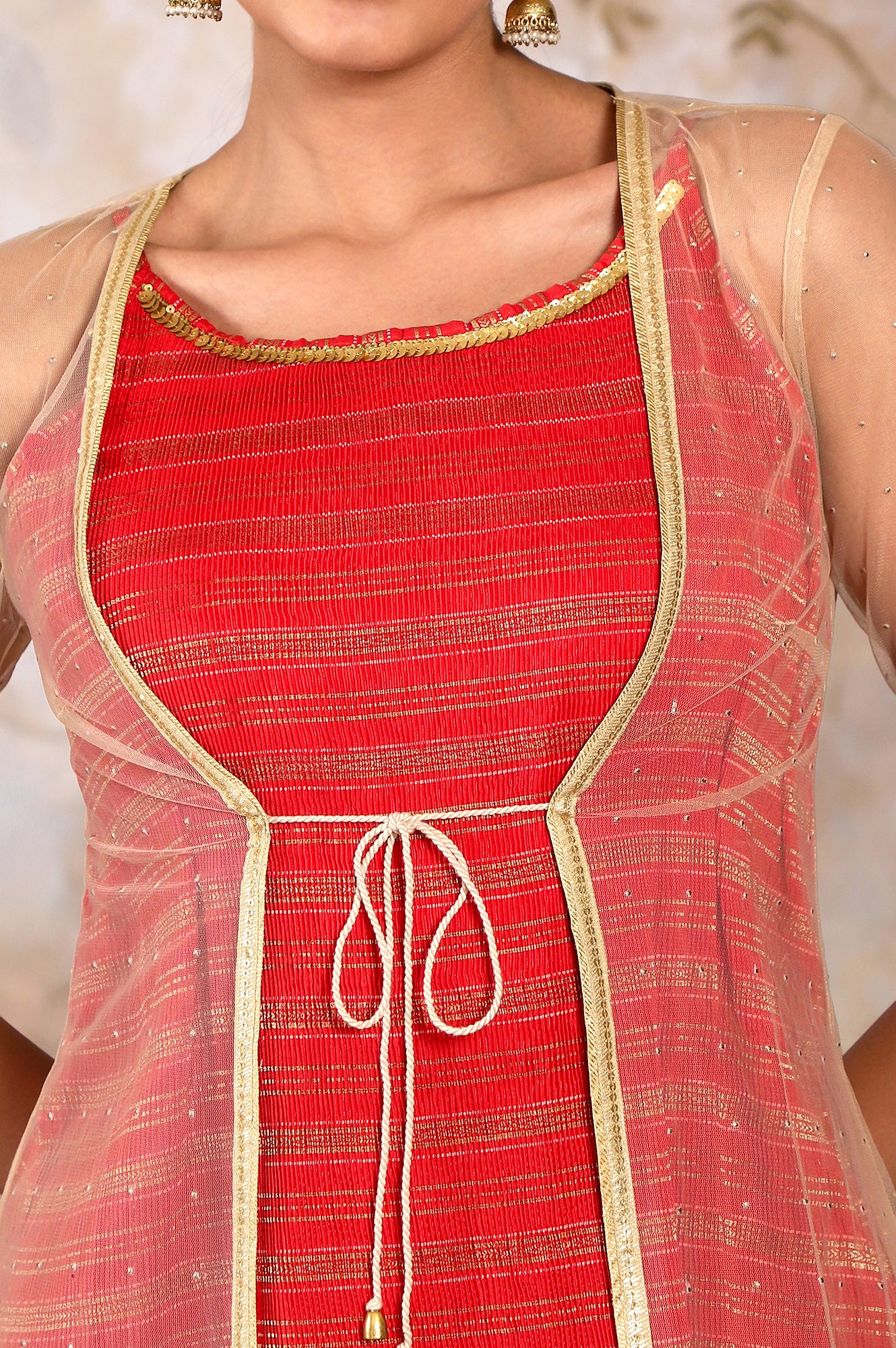 Biege Sequined Gillet with Strappy Red Printed Inner Dress - Image 4