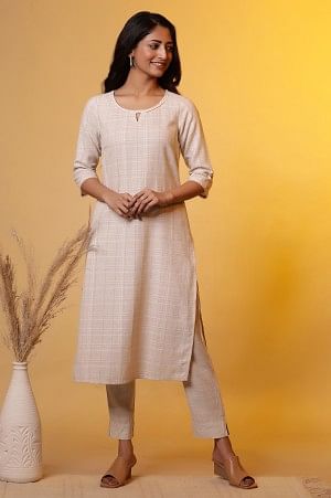Biege Yarn-Dyed Checker Kurta - Image 3