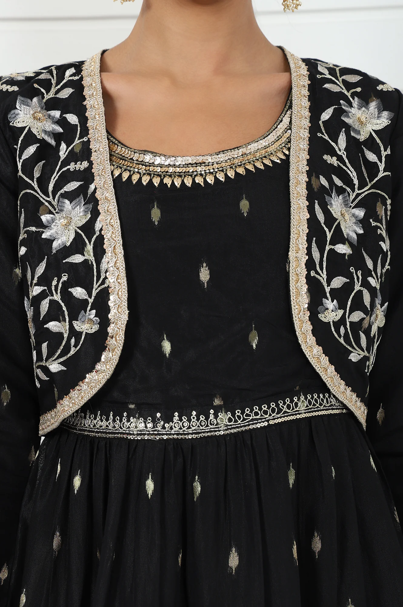 Black Abstract Printed Dori Embroidered Jacquard Flared Dress And Jacket Set - Image 3