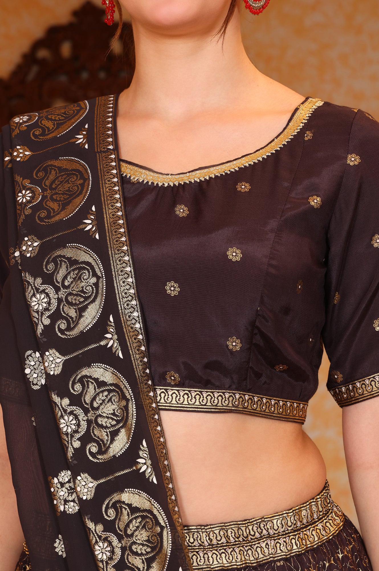 Black Abstract Printed Tape Embellished Straight Crop Top, Skirt and Dupatta Set - Image 3