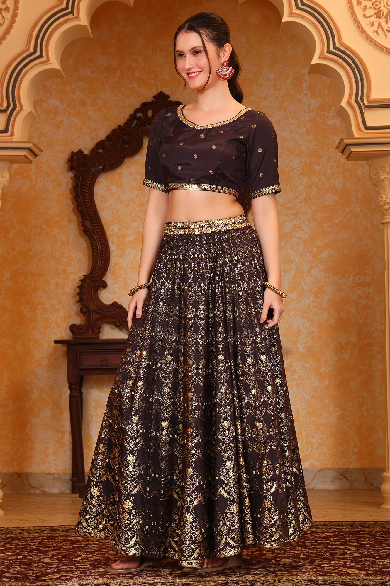 Black Abstract Printed Tape Embellished Straight Crop Top, Skirt and Dupatta Set - Image 4