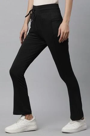 Black Solid Boot Cut Pants With Drawstring - Image 2